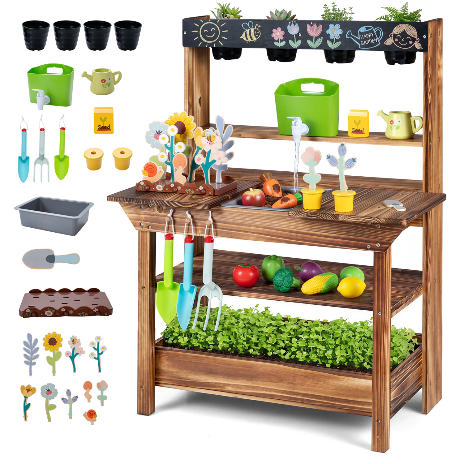 Hivvago Outdoor Wood Mud Kitchen with Water Faucet and Planter