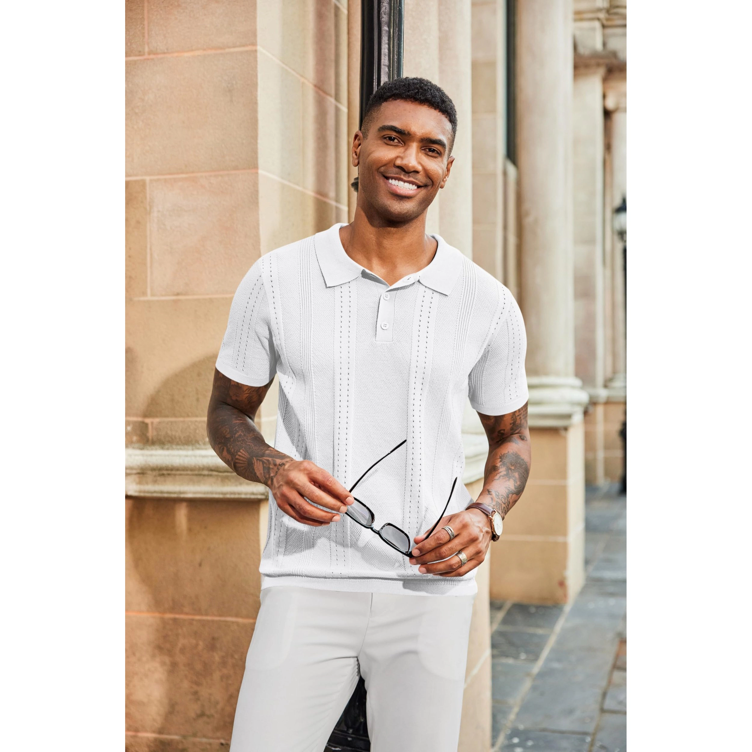COOFANDY Men's Slim Fit Textured Knit Short Sleeve Polo Shirt