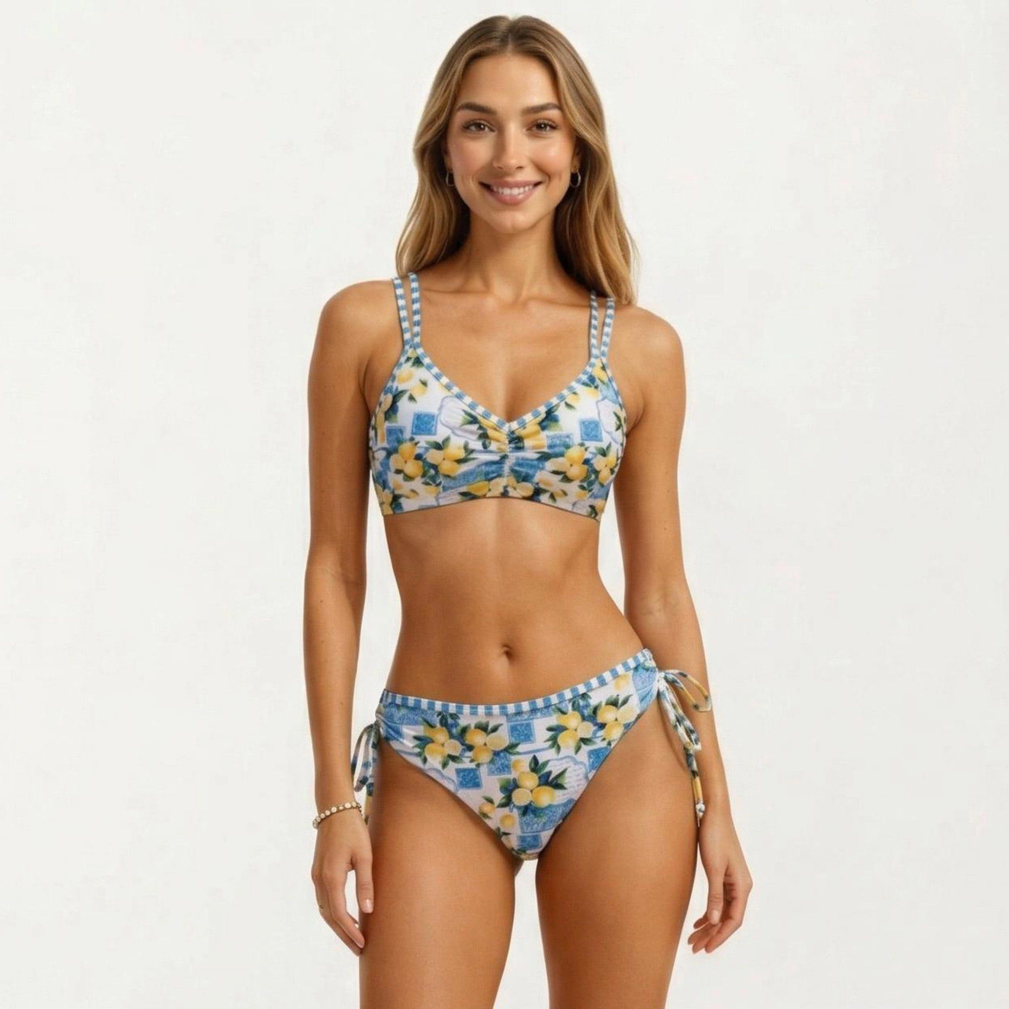 Anna-Kaci Women’s 2-Piece Floral Bikini Set V-Neck Double Strap Top Side-Tie High-Waist Bottoms