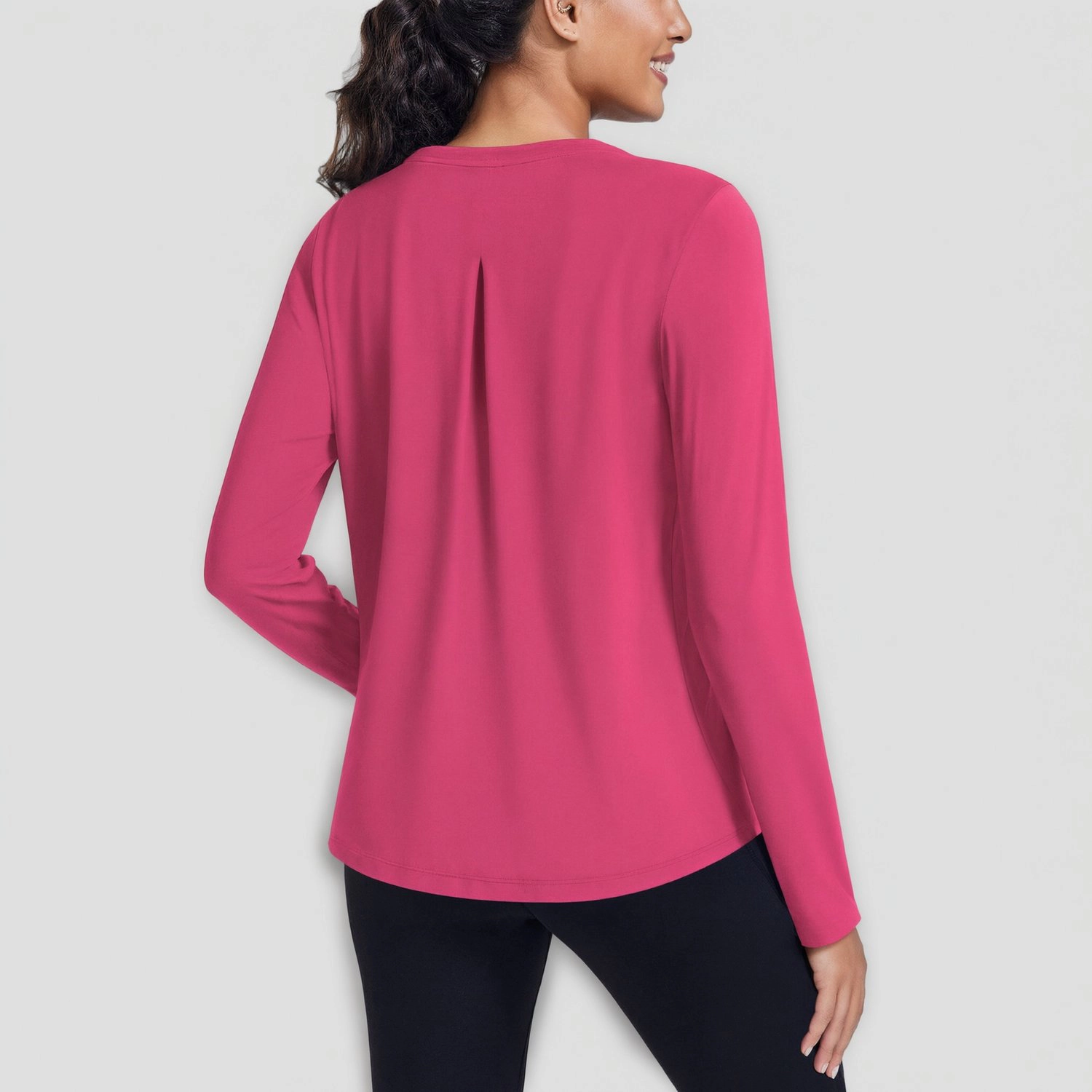 Pinspark Womens Long Sleeve Pleated Back Tunic Tops Fall Crew Neck Solid Casual Tees