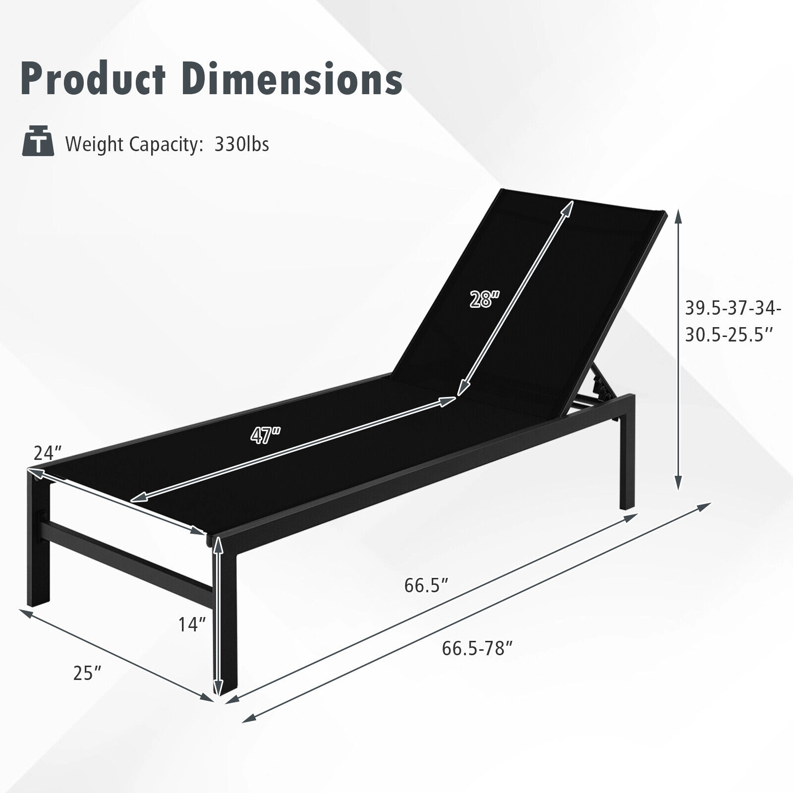 SUGIFT 6-Position Adjustable Chaise Lounge Chair with Rustproof Aluminum Frame 300-Lb Capacity 78-in Length Black