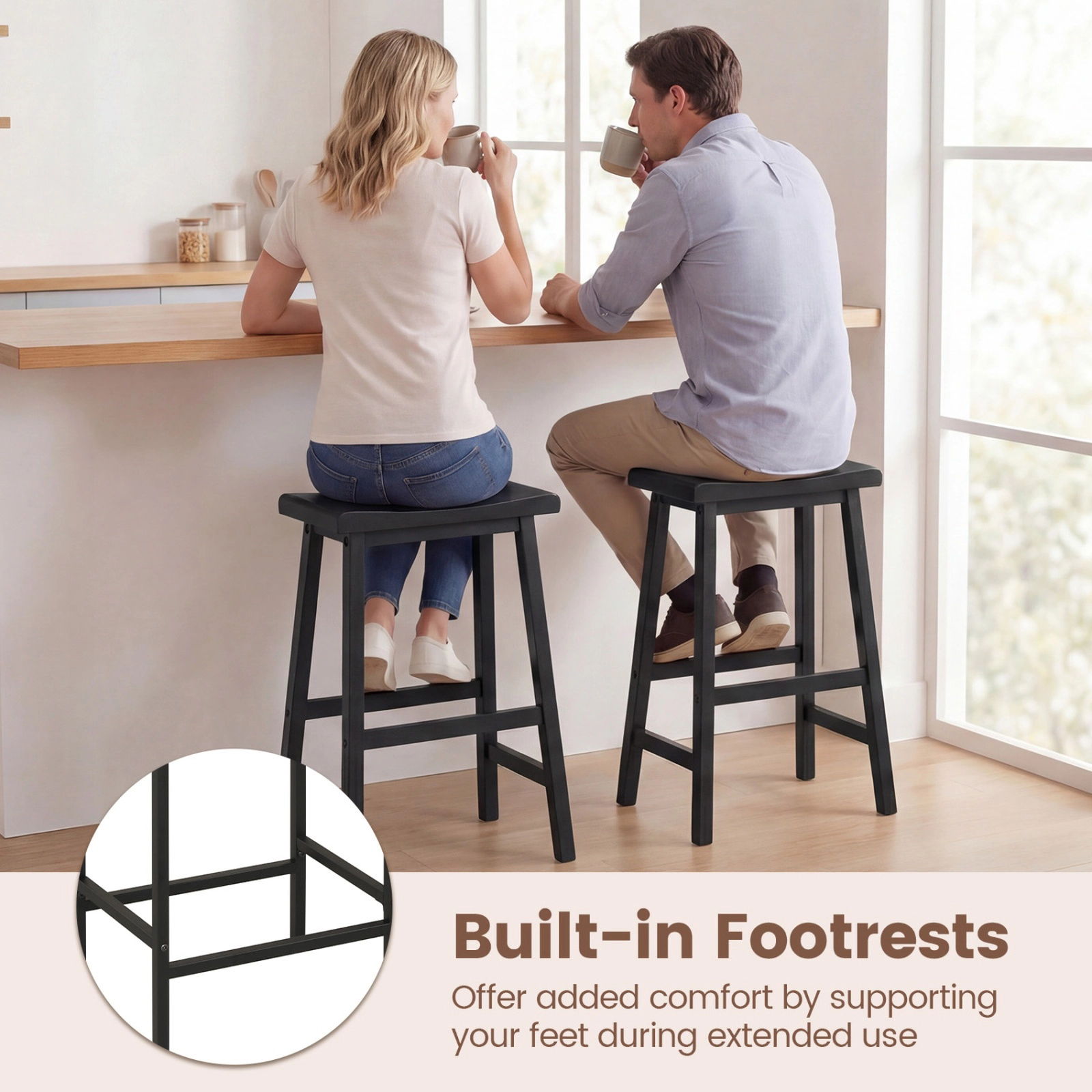 SUGIFT Set of 2 Integrated Footrest 400-lb 24-in H Backless Solid Wood Saddle Bar Stools Black