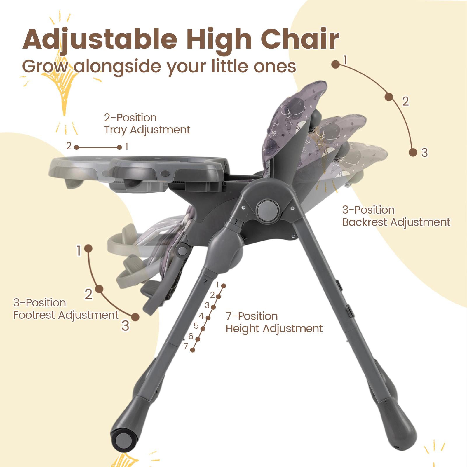 SlickBlue Gray Foldable Baby High Chair with Reclining Backrest and Removable Trays