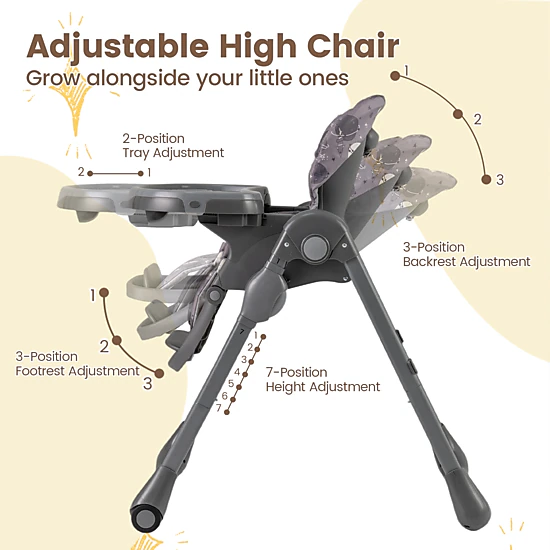 SlickBlue Gray Foldable Baby High Chair with Reclining Backrest