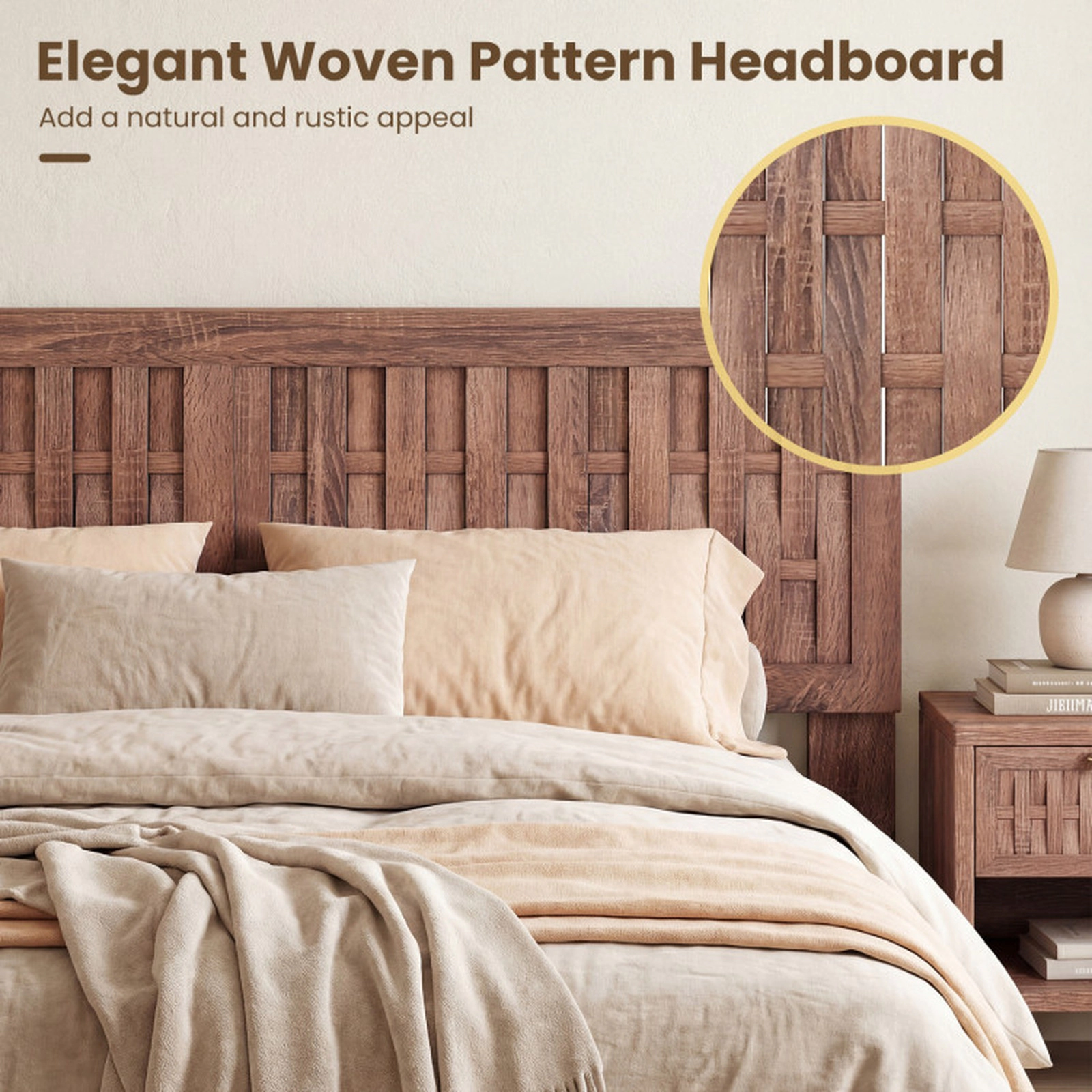 SUGIFT Mid Century Queen Size Bed Frame Woven Headboard 700-Lb Capacity 85-in Long Platform 80 x 61-in Bed Surface