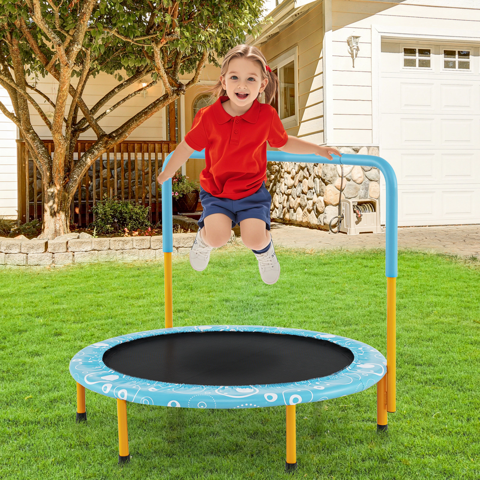 SUGIFT 36-in Folding Kids Trampoline Mini Rebounder with Full Covered Foam Handrail 330-lb Capacity Ages 3-10 Orange