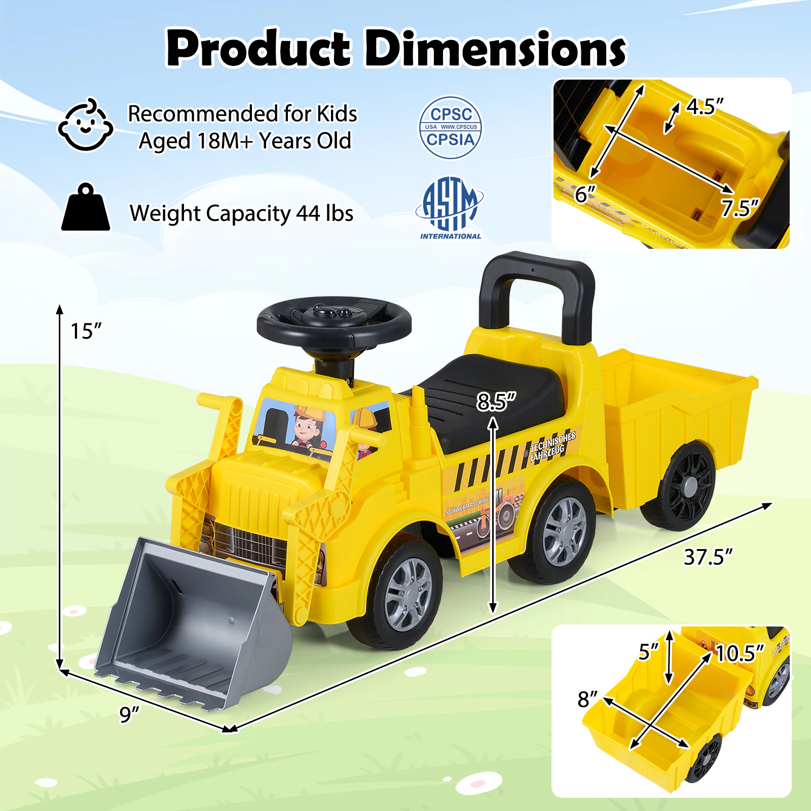 LJG Kids Digger Ride on Truck with Shovel and Under-Seat Compartment