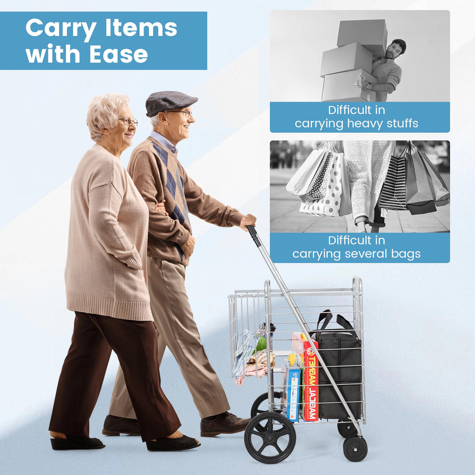 SUGIFT Folding Iron Shopping Cart for Laundry and Groceries with Swiveling Wheels 88-lb Capacity 40-in Tall Black
