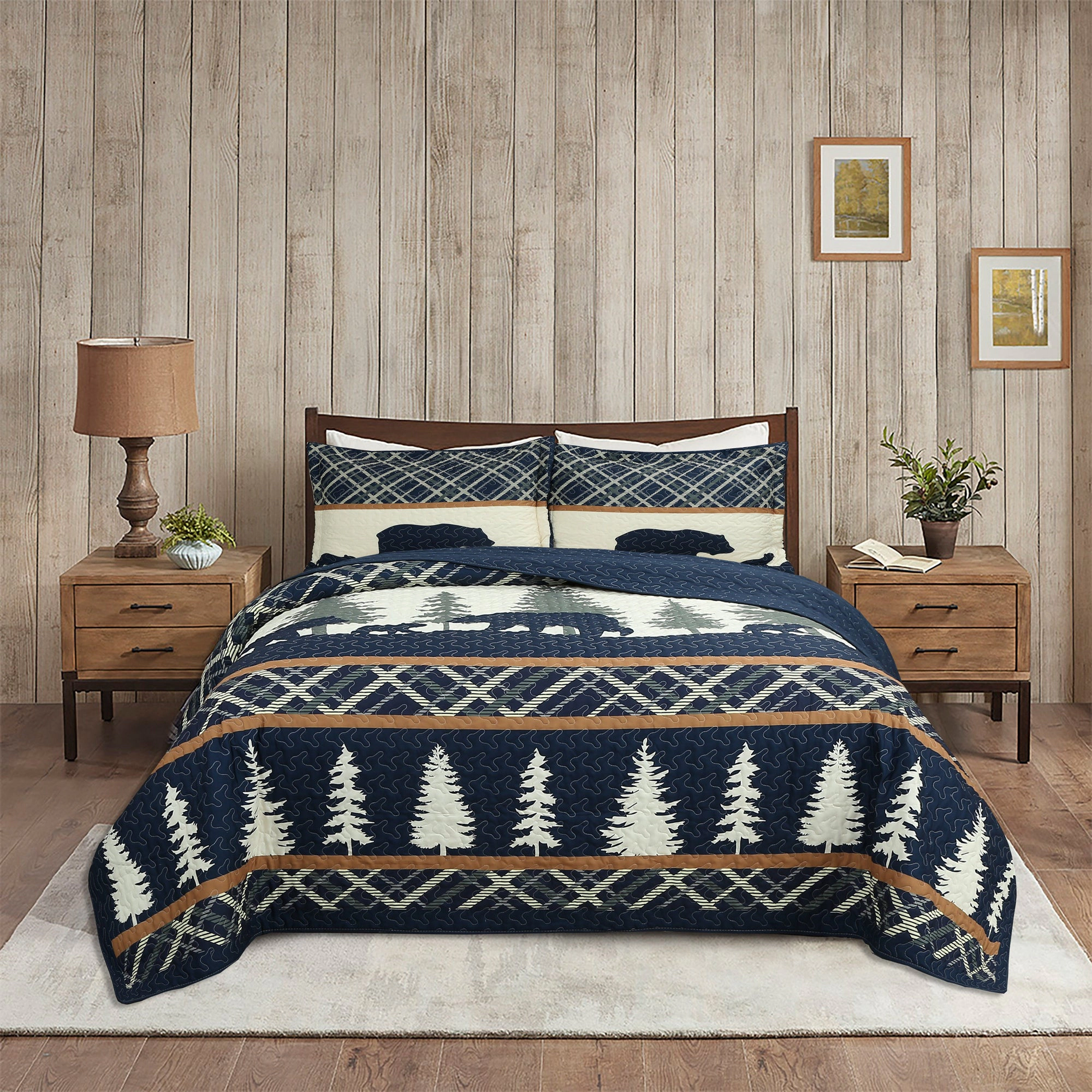 MarCielo 3 Pieces Rustic Cabin Bear Forest Quilt Bedspread Set – Lodge Country Coverlet with 2 Shams