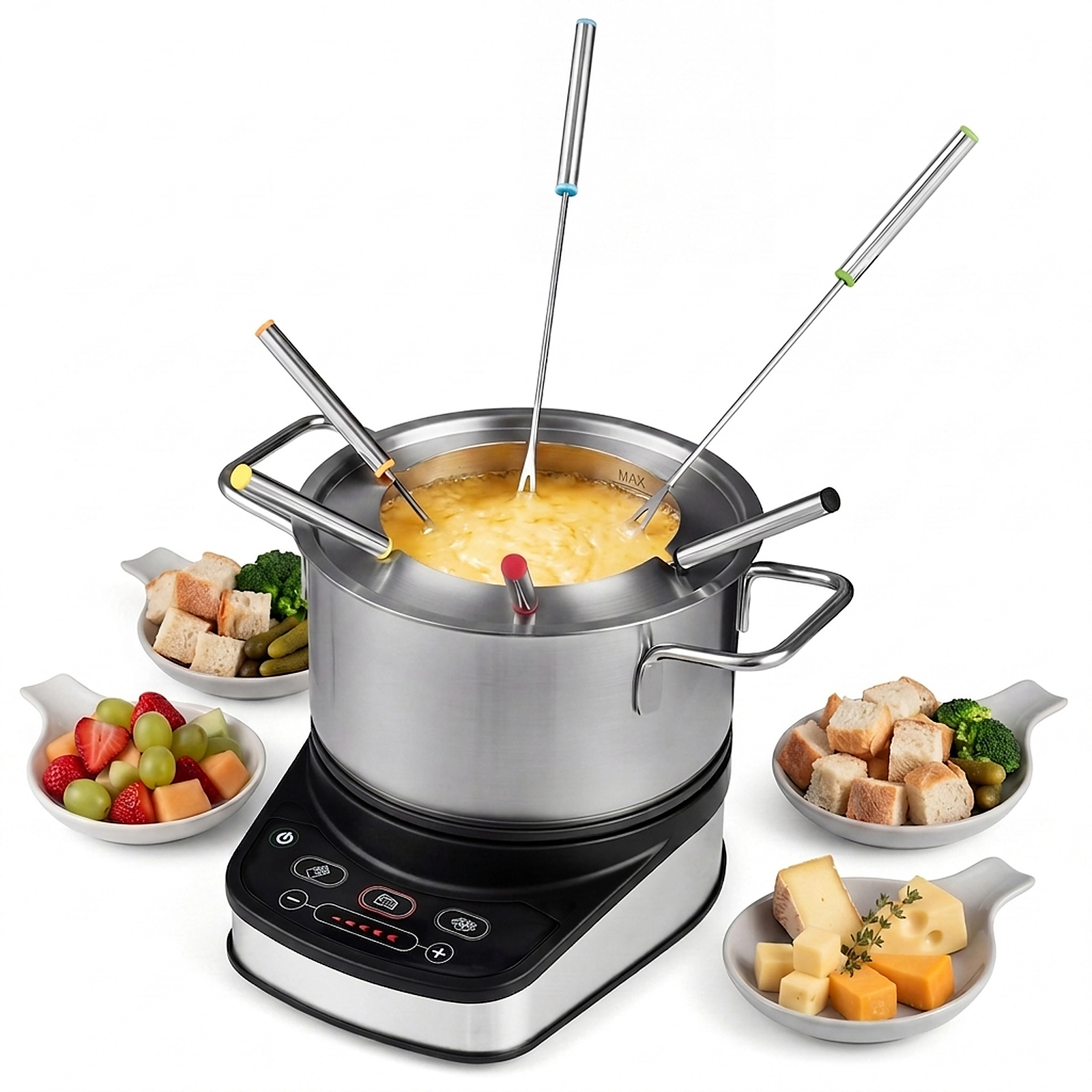 SUGIFT 1200W 3.2-Qt Electric Fondue Pot Set with 15 Temperature Settings and 6 Color-Coded Forks Silver