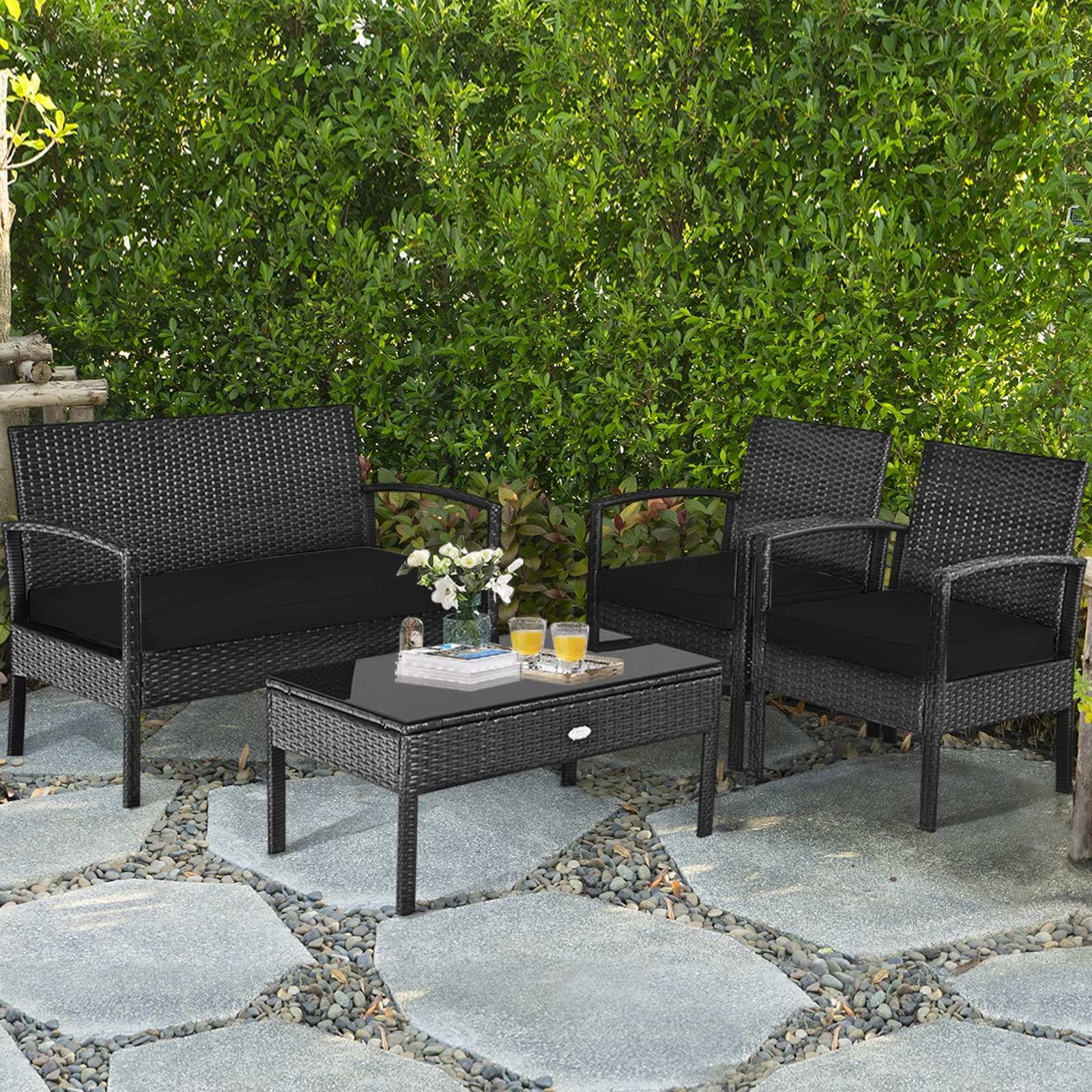 SUGIFT Tempered Glass Coffee Table 4-Piece Black Patio Rattan Cushioned Furniture Set