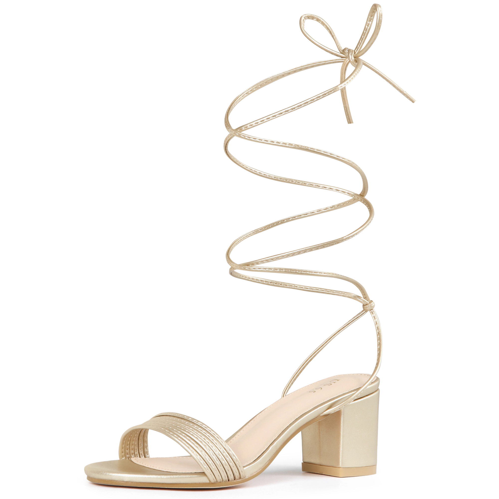 BLISSFUL STEP Women Sparkle Strappy Lace Up Open Toe Chunky Block Heels Sandals