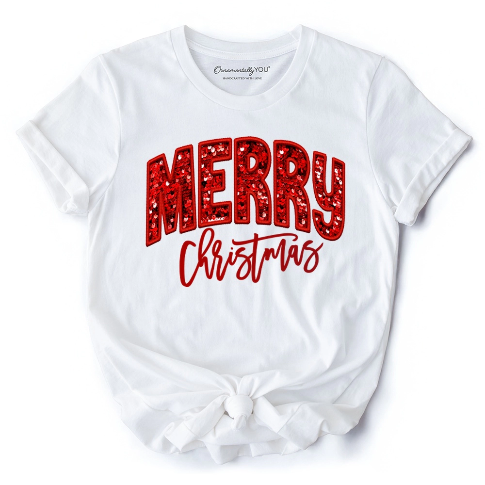 OrnamentallyYou Womens Merry Christmas Sequin Glitter-Look T-Shirt