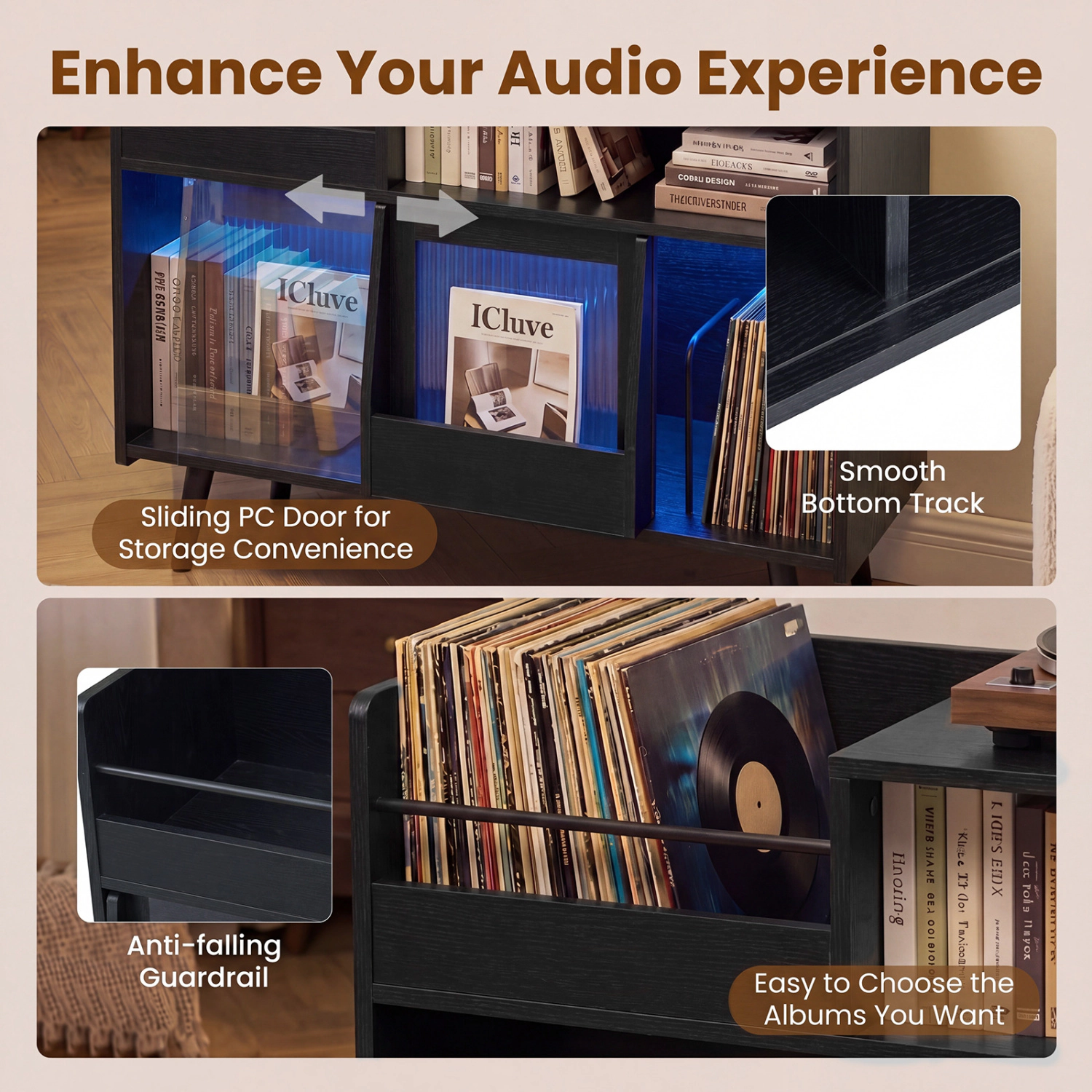 Glintex Record Player Stand with App-Controlled LED Lighting and Sliding Glass Door