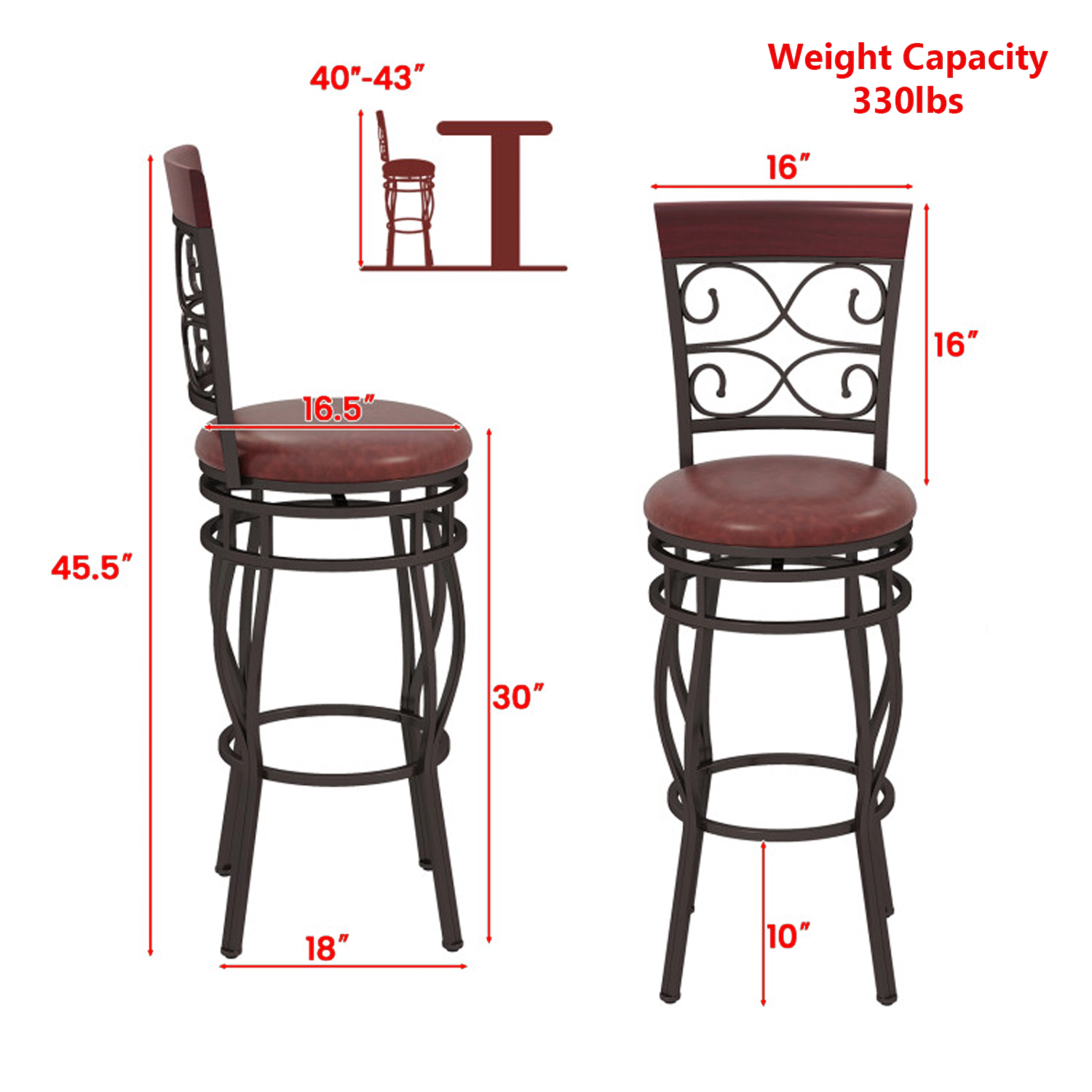 Hivvago Set of 2 Bar Chairs with Supportive Backrests and Built-In Footrests