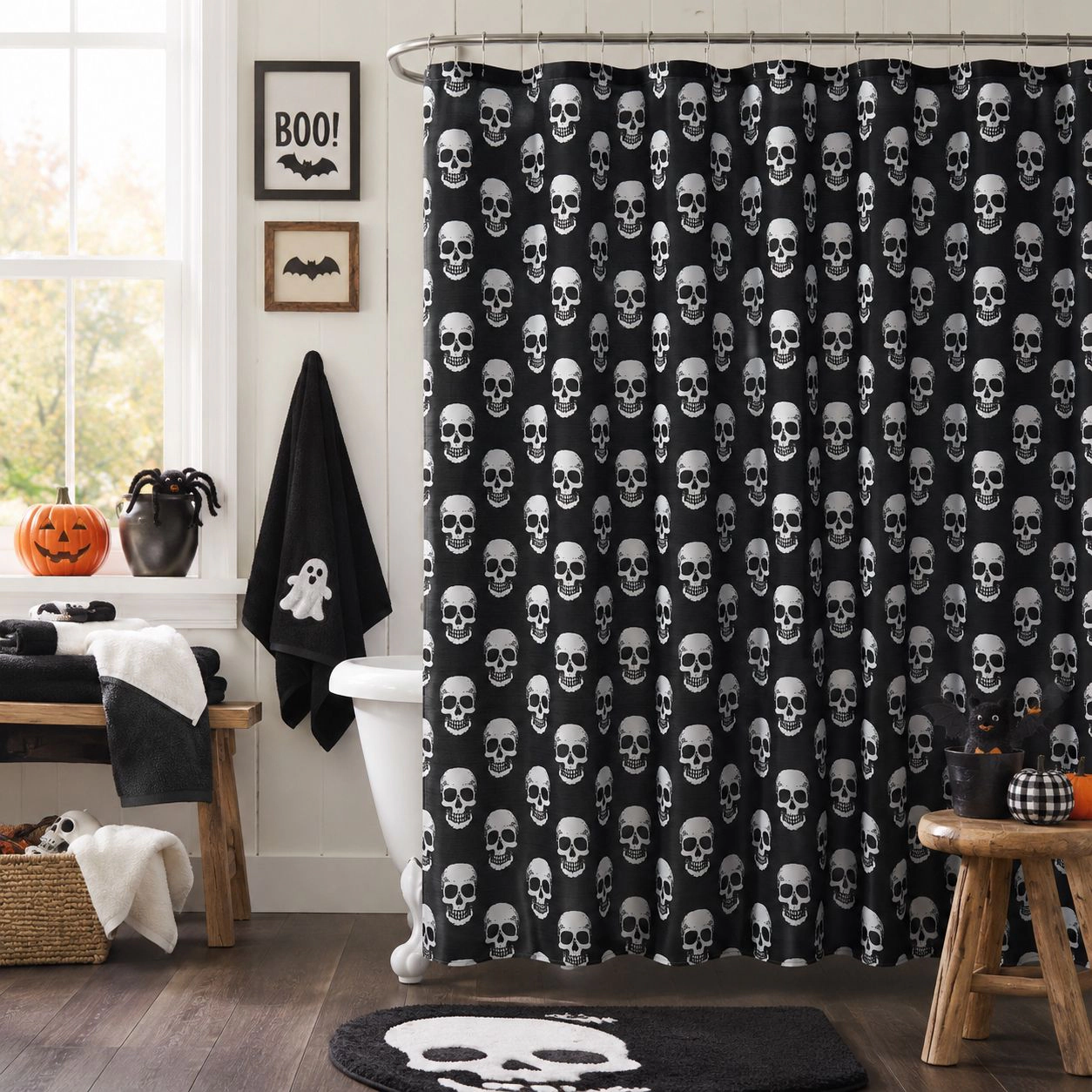Kate Aurora Halloween Accents Black & White Friendly Skulls Fabric Shower Curtain