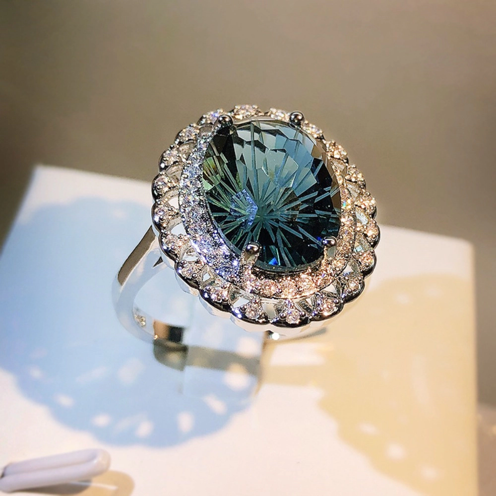 Oval Teal‑Green Cubic Zirconia Double Halo Cocktail Ring Silver‑Tone Luxury Statement Ring for Women
