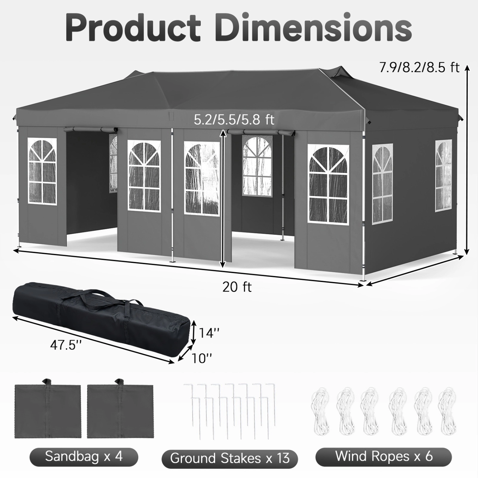 SUGIFT Pop Up Canopy Tent with 6 Sidewalls and Adjustable Height 10 x 20FT Gray