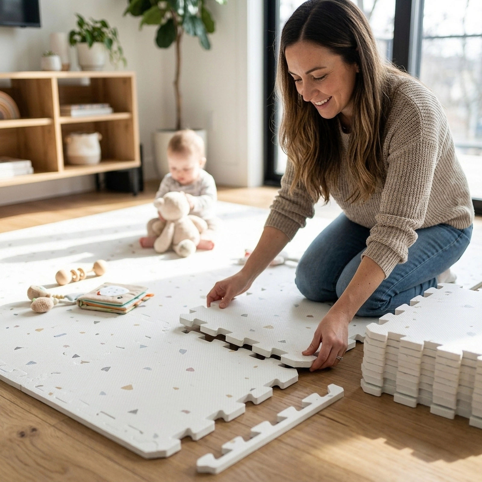 SUGIFT High-Density EVA Interlocking Workout and Kids Play Mats 54-Piece Floor Tile Set 106.5 x 71.5 in Terrazzo