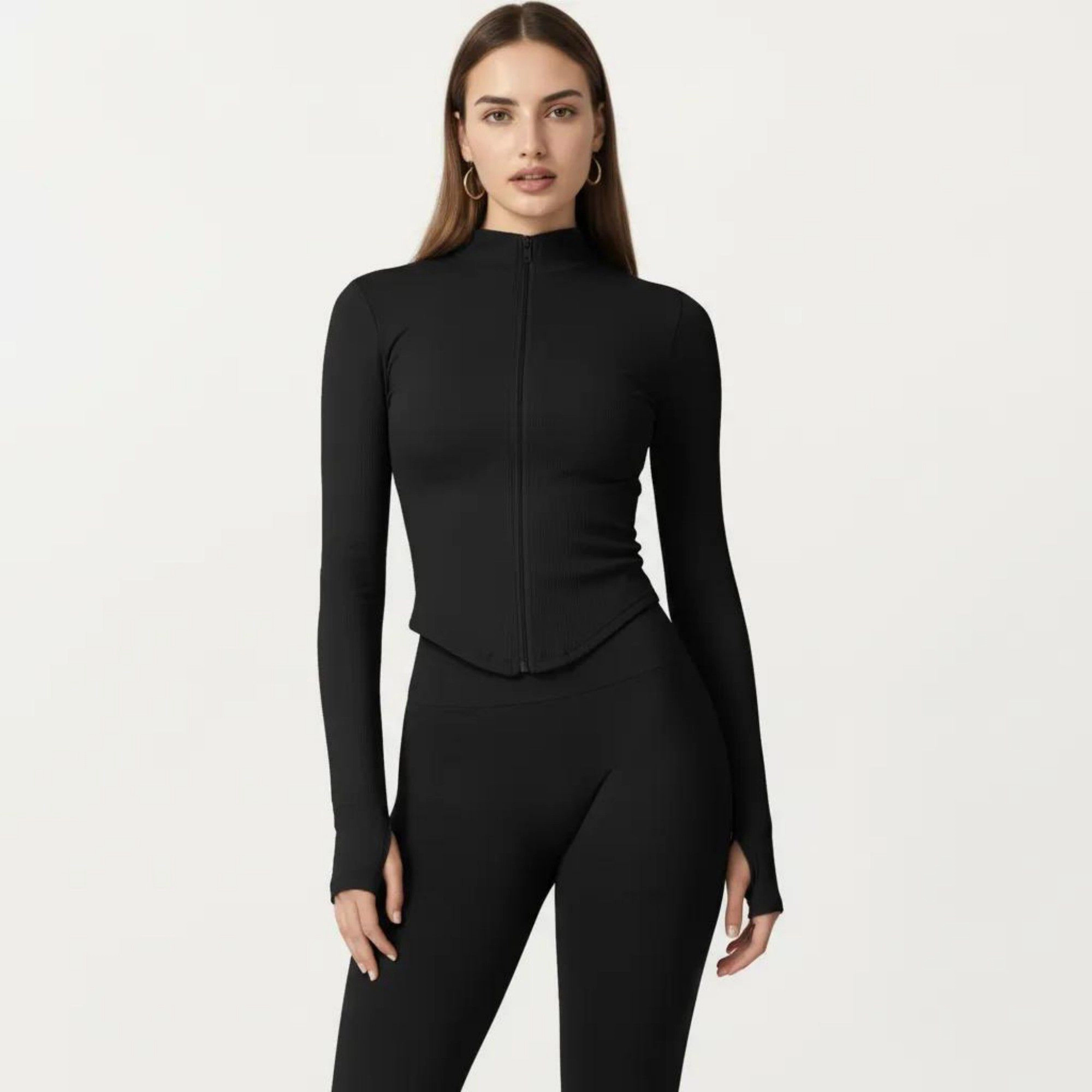 Anna-Kaci Women's Long Sleeve Zip Front Fitted Active Top with High Neck and Thumbhole Cuffs
