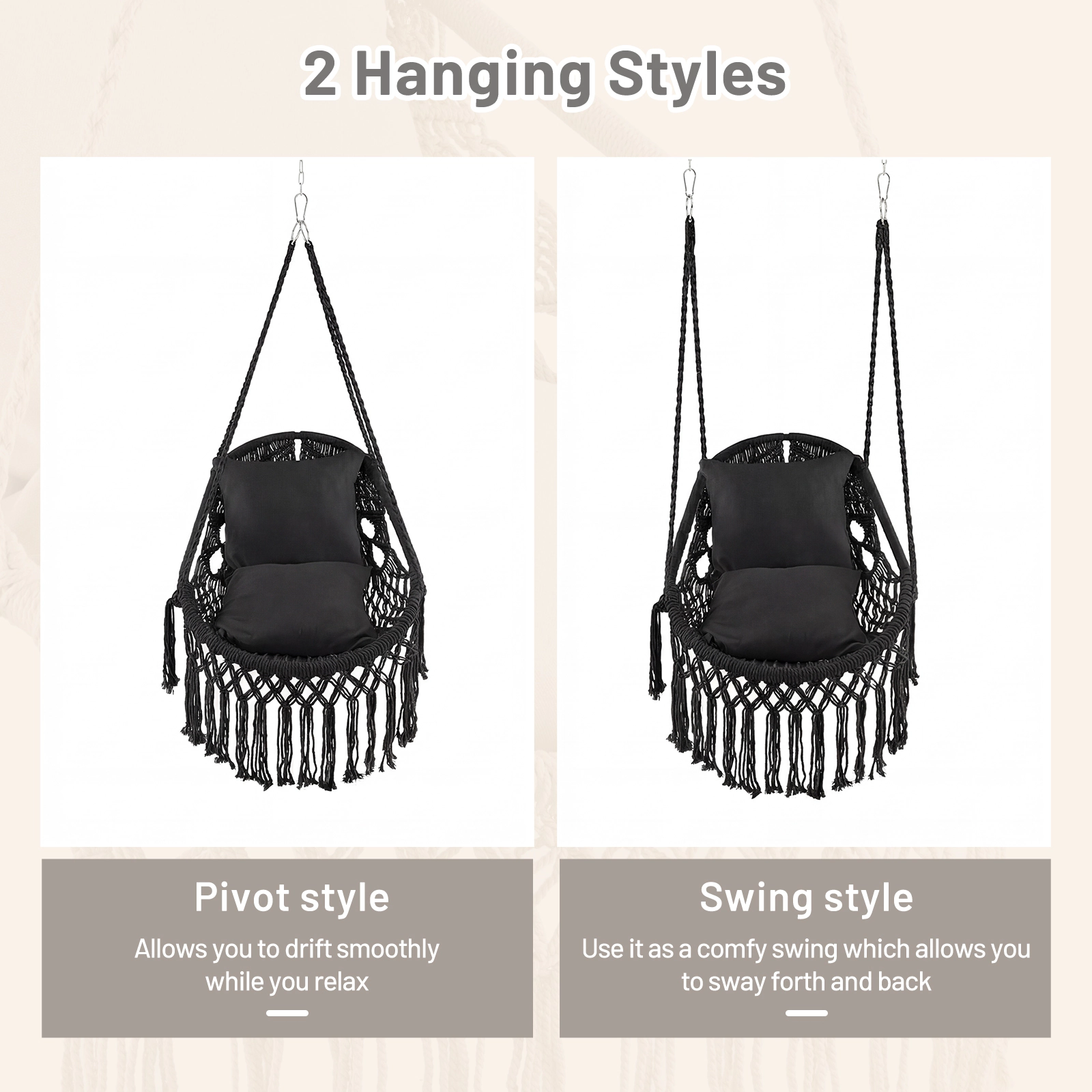 SUGIFT Black Hanging Hammock Chair with Cushions, Chain and Ceiling Hardware
