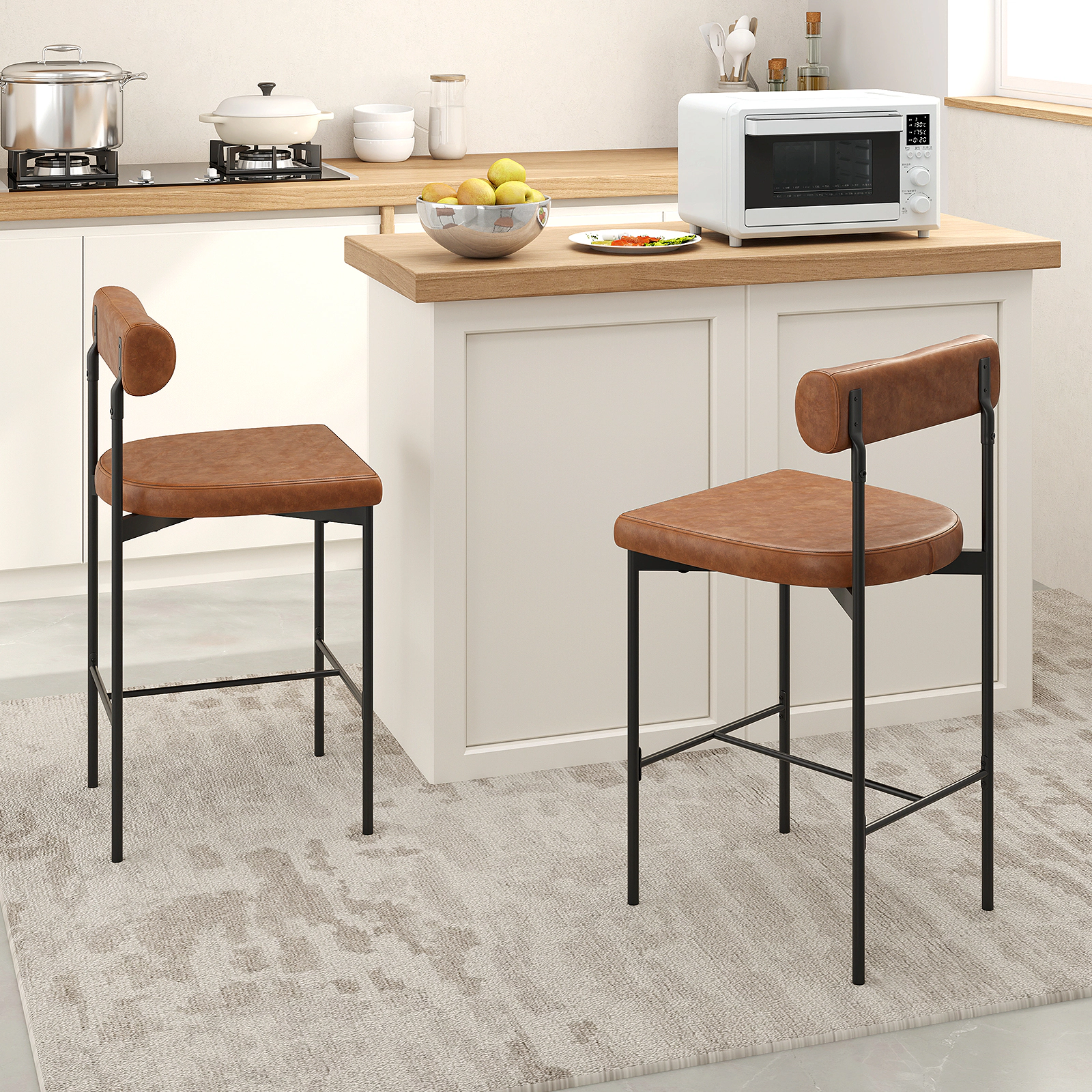 SUGIFT Set of 2 Brown 26-In Counter-Height Bar Stools, 400-Lb Capacity, PVC Leather, X-Braced Metal Frame