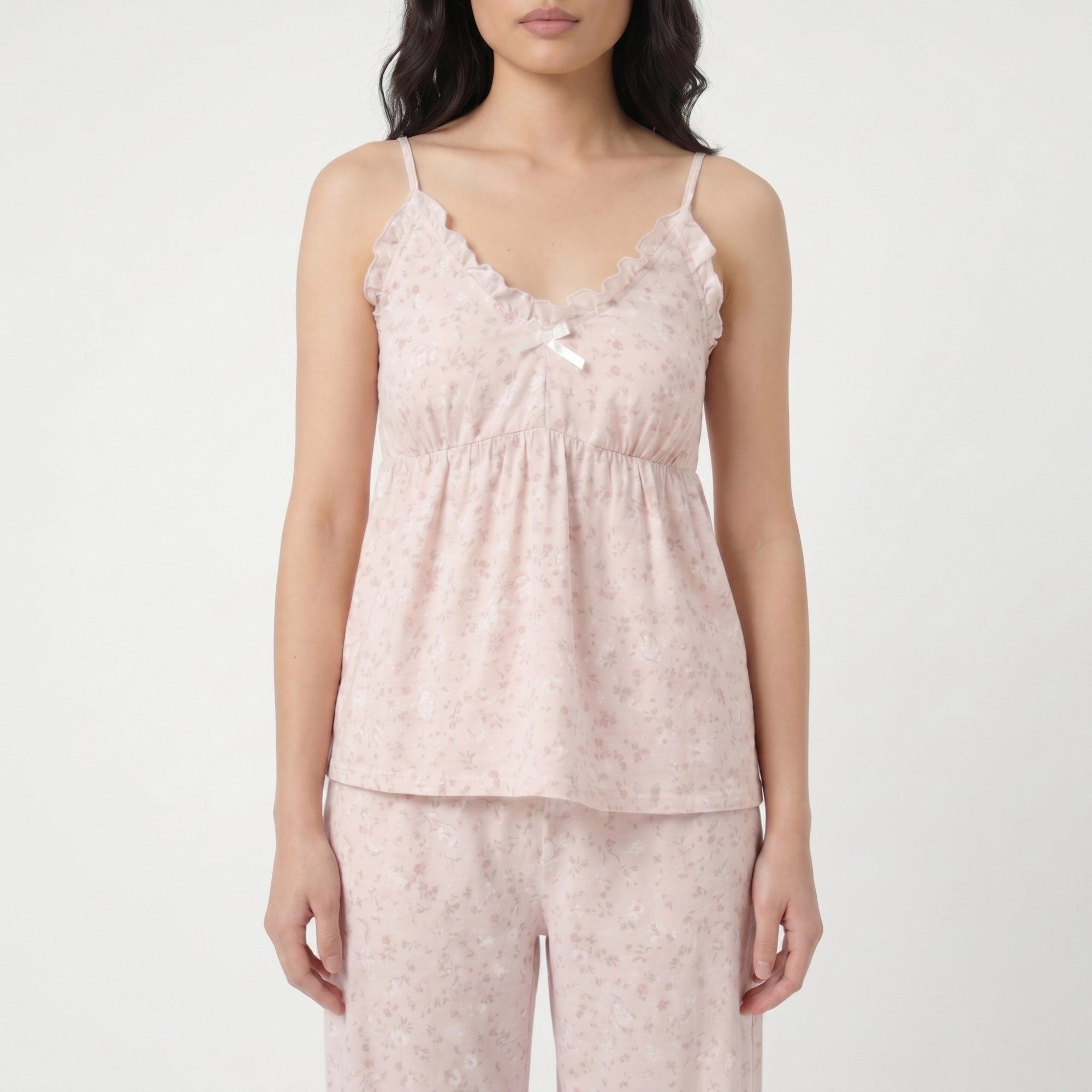 Anna-Kaci Women's 2-Piece Floral Ruffle Cami Top and Wide Leg Pants Sleepwear Lounge Set with Bow Detail Relaxed Fit