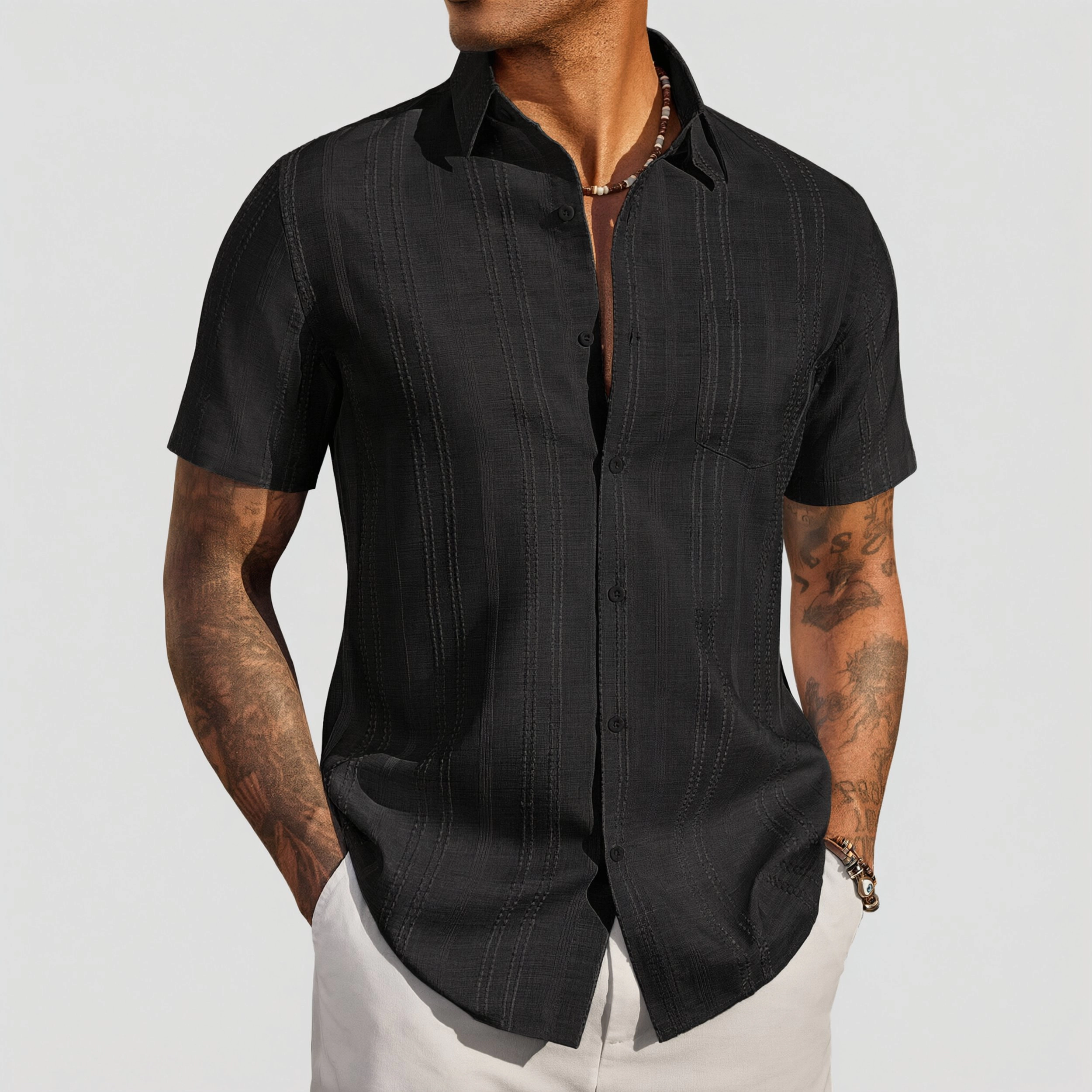 COOFANDY Mens Casual Short Sleeve Button Down Shirts Pleated Striped  Tops