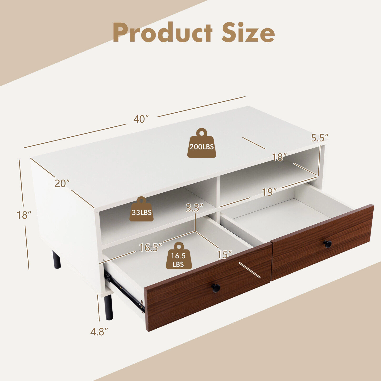 SUGIFT 2 Tier 40-in Rectangle Coffee Table with Storage Shelf and Drawers 200-lb Tabletop Capacity 40 x 20 x 18 in White