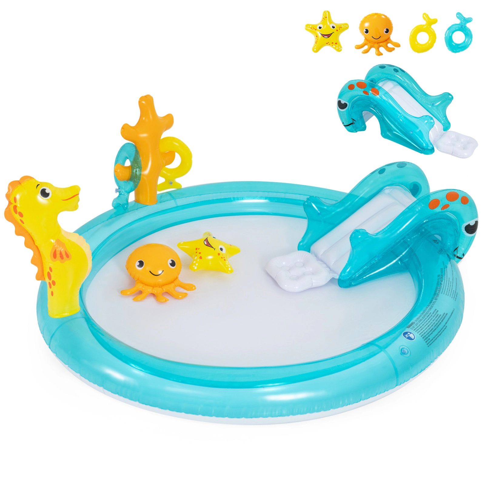 SUGIFT Inflatable Water Park Kids Spray Pool with Slide Seahorse Sprinkler and Ring Toss