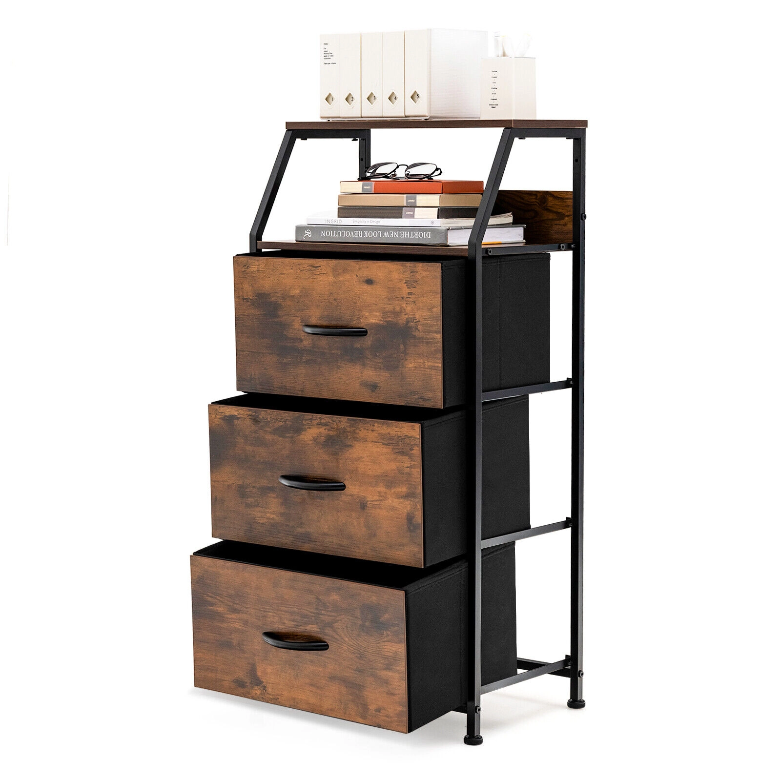 Glintex 36-Inch Narrow Dresser with Top Shelf and Folding Fabric Drawers, Rustic Brown