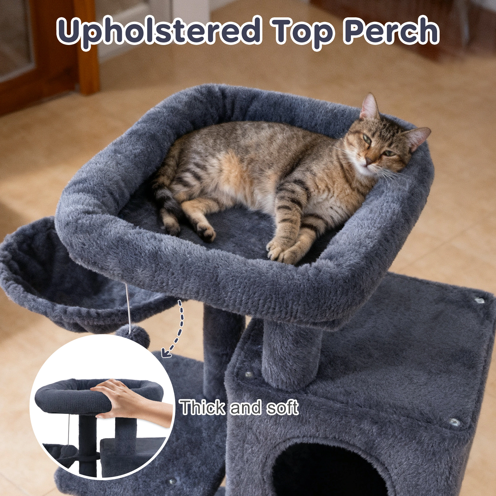 SUGIFT 33.5-in Cute 2-Tier Kitten Condo Tower Cat Tree with Padded Top Perch and Basket 22-lb Capacity Dark Gray