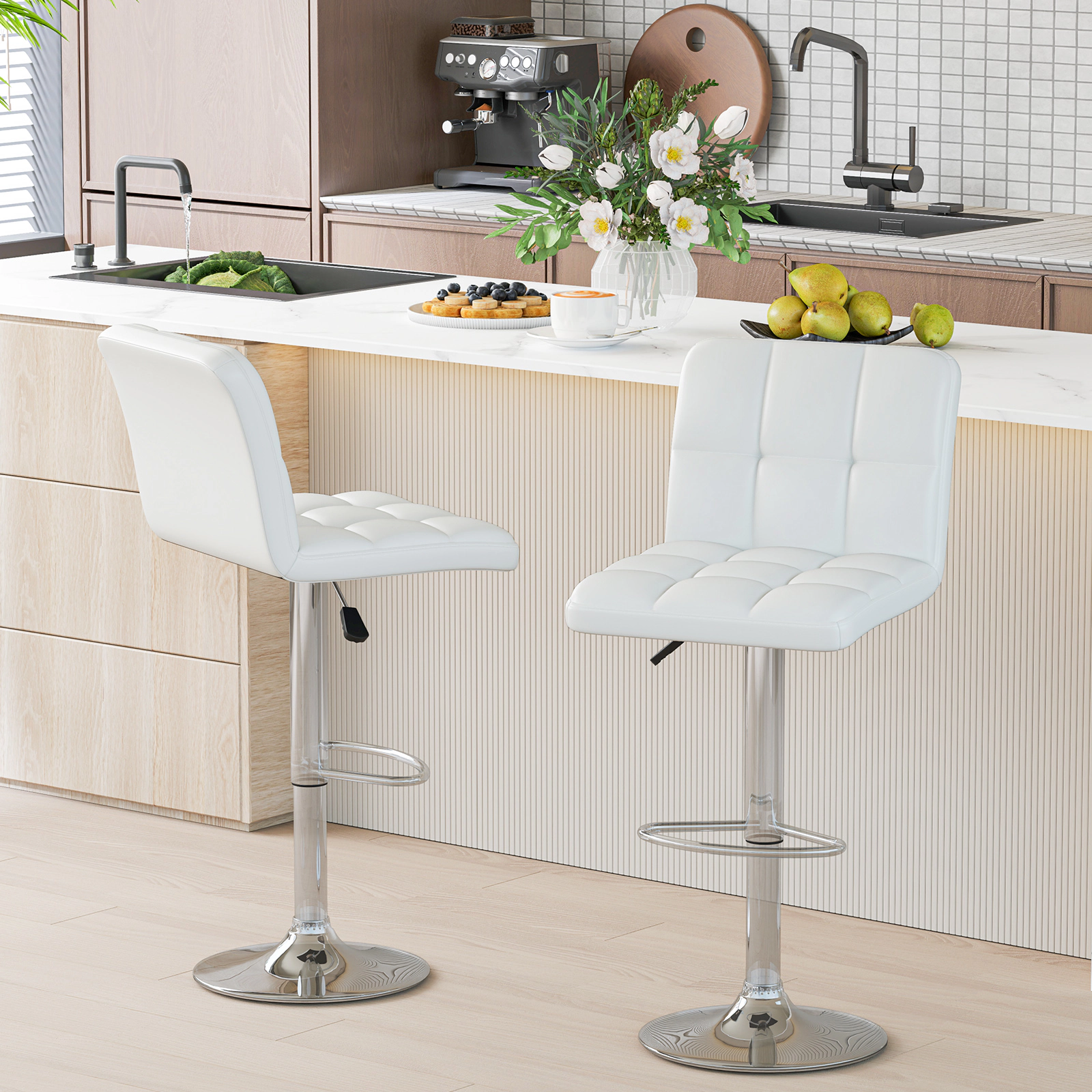 SUGIFT Modern Upholstered Adjustable Swivel Bar Stools Set of 2 Back & Footrest 250-lb Capacity 21-in Wide Seat White