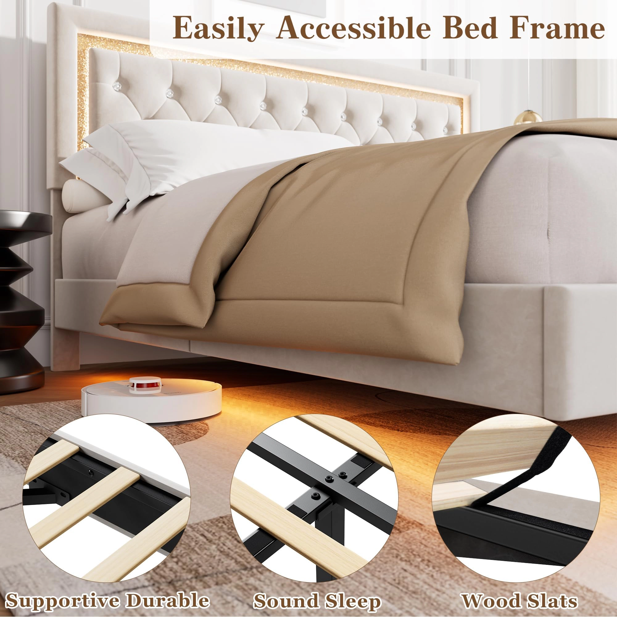 Floating Platform Bed with Diamond Upholstered Headboard and RGB LED Lights, Under-Bed Storage, Wood Slat
