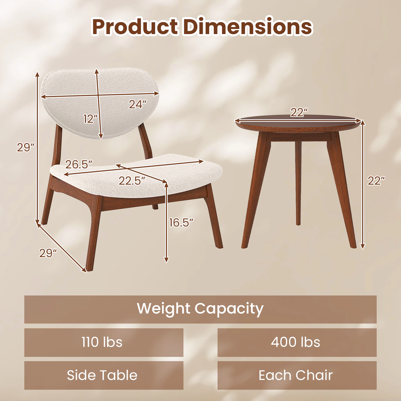 SUGIFT Accent Chairs with Side Table Solid Wood Frame 400-lb Chair Capacity 110-lb Table Capacity Beige