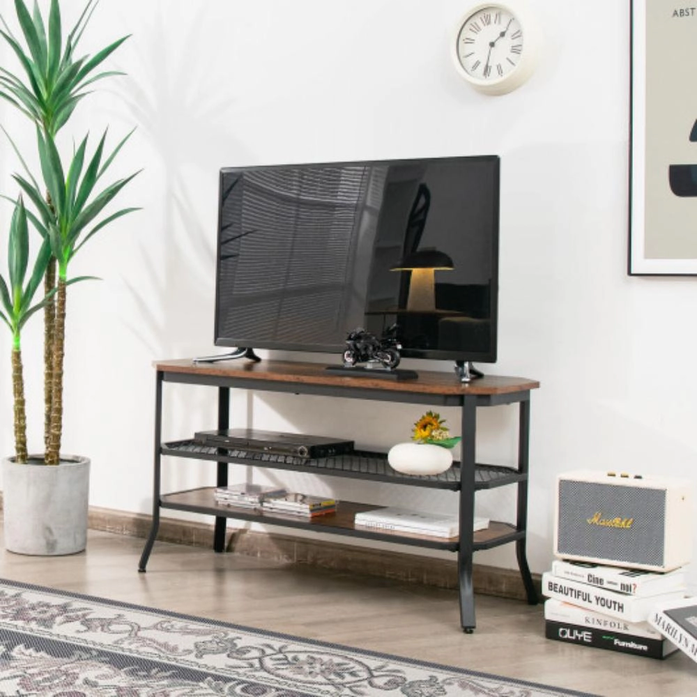 Hivvago 3-Tier Console Table Tv Stand With Mesh Storage Shelf-Rustic Brown
