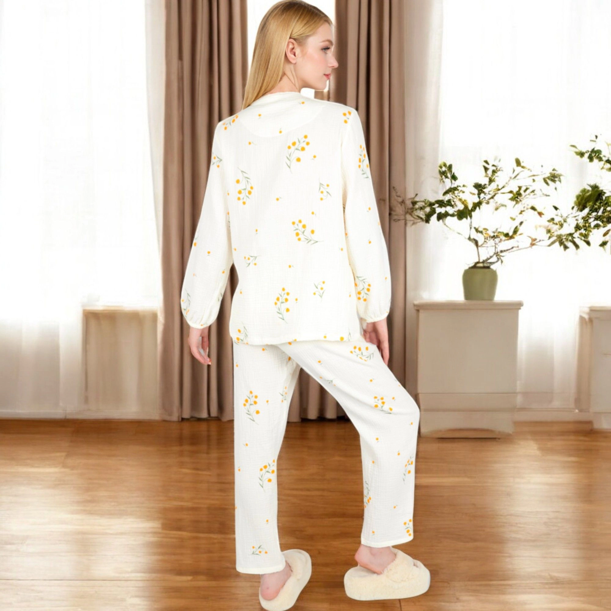 Anna-Kaci Women's Floral Print 2-Piece Pajama Set with Button Front Top and Soft Muslin Textured Fabric