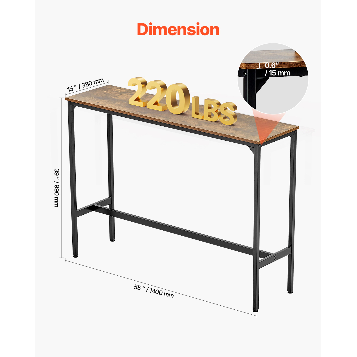 HONGGE Bar Table Sturdy Metal Frame High Top Pub Table Narrow Long Kitchen Dining Cocktail Counter Bar Height Desk Easy