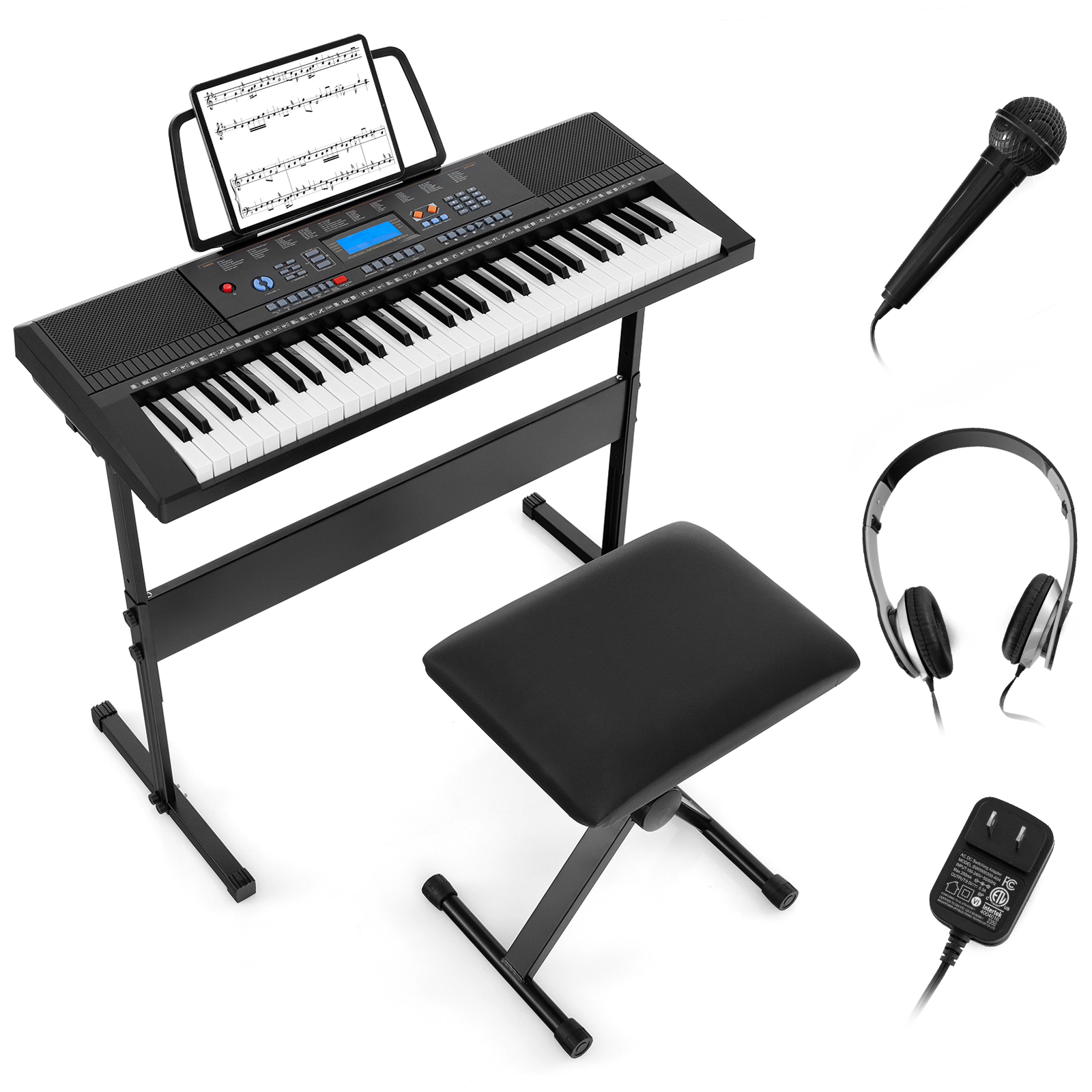 SUGIFT 61-Key Electronic Keyboard Piano Starter Set with Stand Bench and Headphones Black White