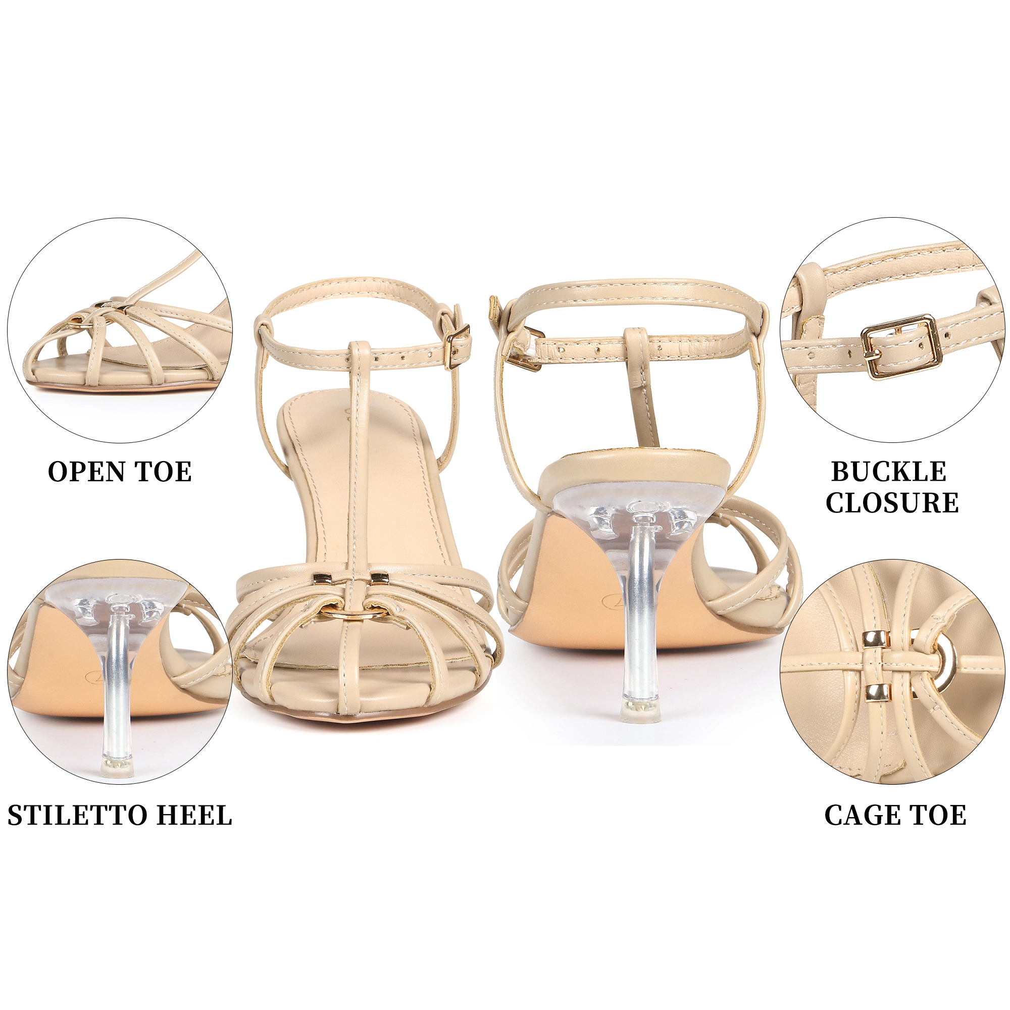BLISSFUL STEP Women's Gladiator Strappy T-Strap Stiletto Heel Sandals