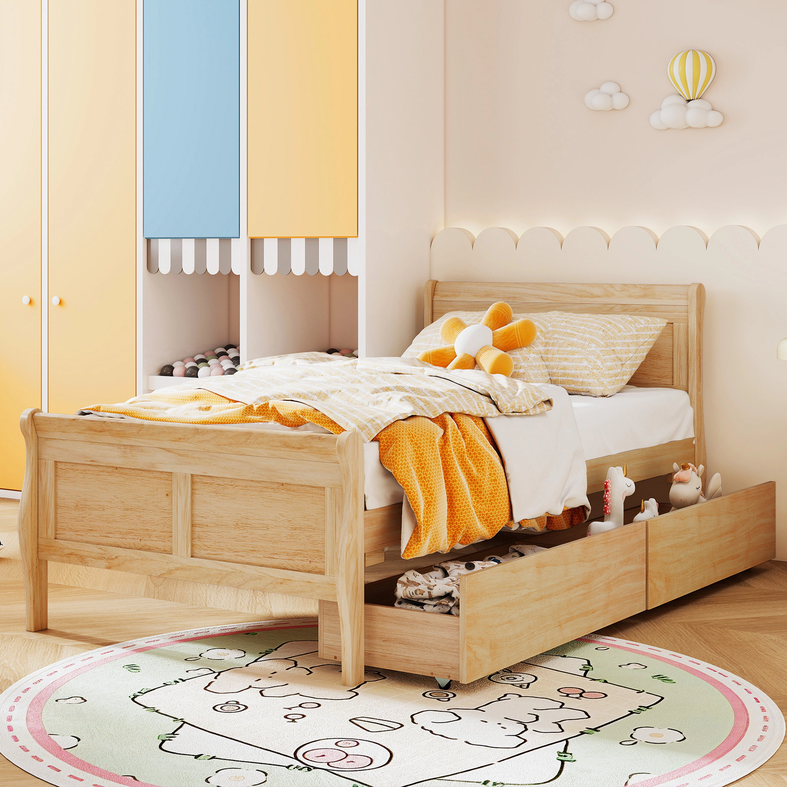 SUGIFT Twin Sleigh Platform Bed with 2 Storage Drawers, Natural Wood, 400-lb Capacity