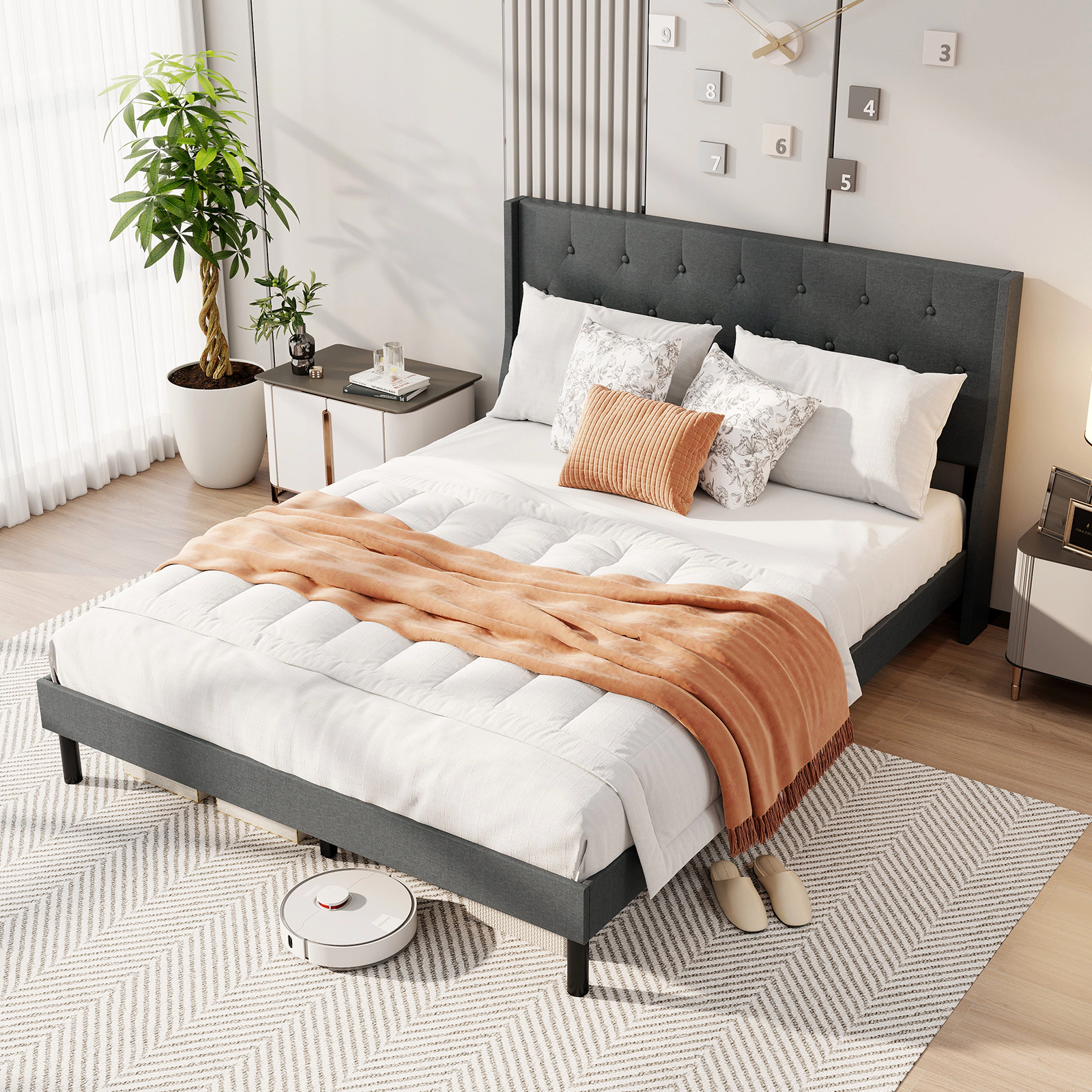 LJG Queen Size Upholstered Bed Frame with Button Tufted Wingback Headboard and Wooden Slats Support Mattress Foundation