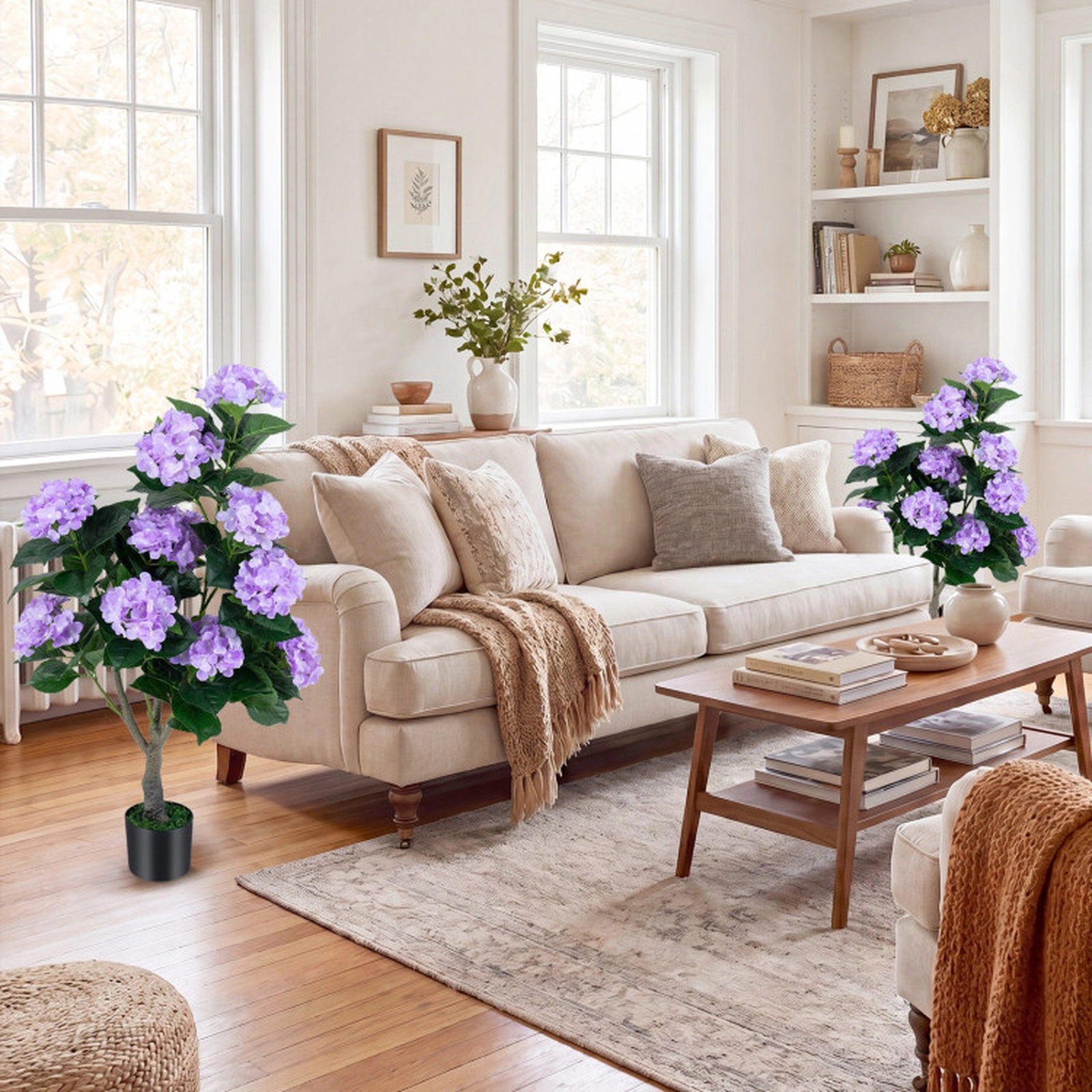 SUGIFT 43.5-in Artificial Hydrangea Tree 2-Pack with 11-Flower Clusters and Cement-Filled Flower Pots Purple