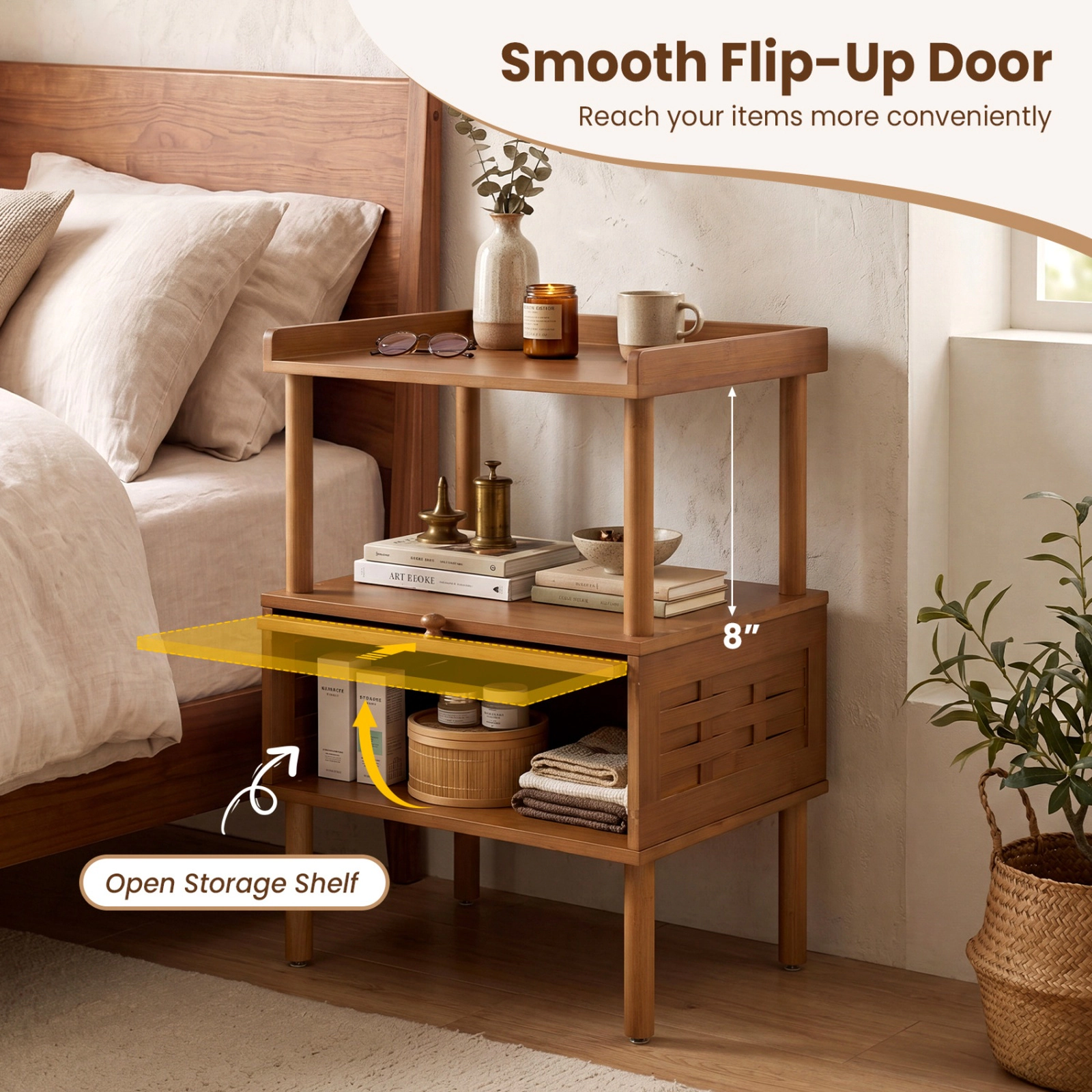 SUGIFT Bamboo Rattan Nightstand with Raised Edge Flip-Up Door and Open Shelf 44-lb Countertop Capacity Walnut