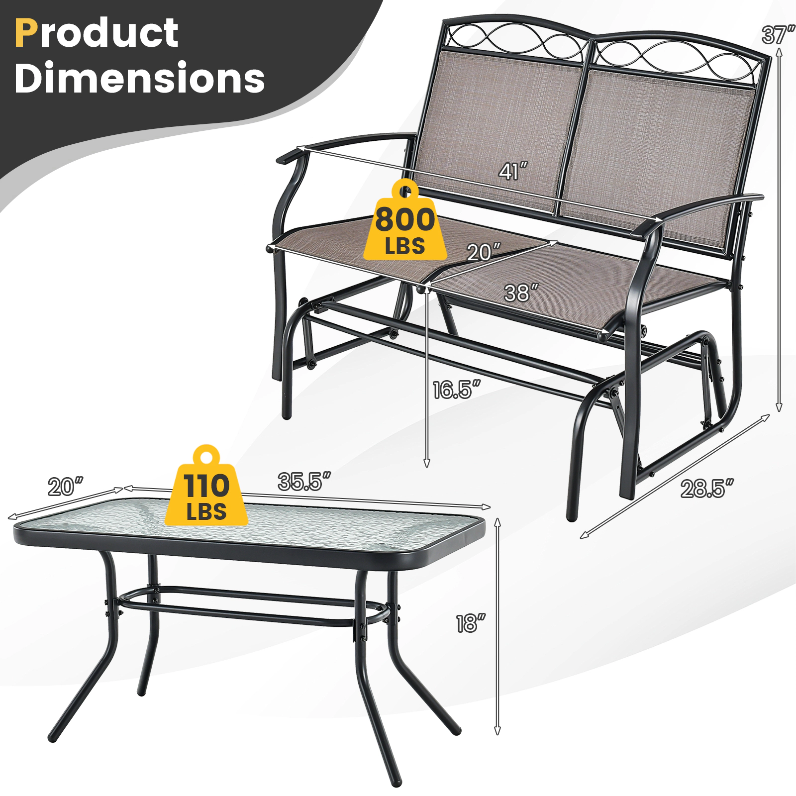 SUGIFT Outdoor Gliding Loveseat Conversation Set with Tempered Glass Coffee Table 800-lb Loveseat Capacity Brown + Black