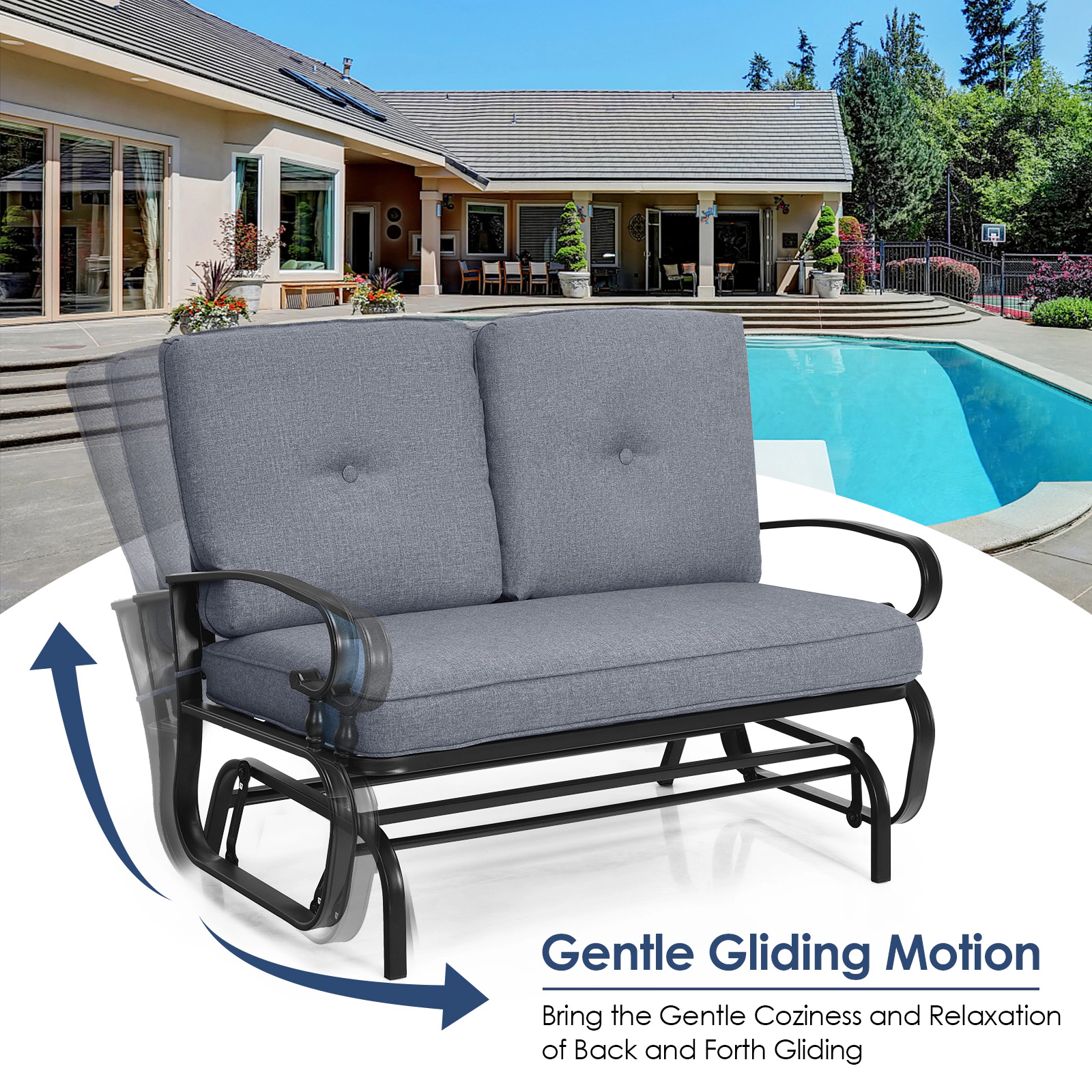 SUGIFT 2-Seat Outdoor Steel Swing Glider Chair with Cushions 440-lb Capacity 47.5-in Frame Patio Bench Gray