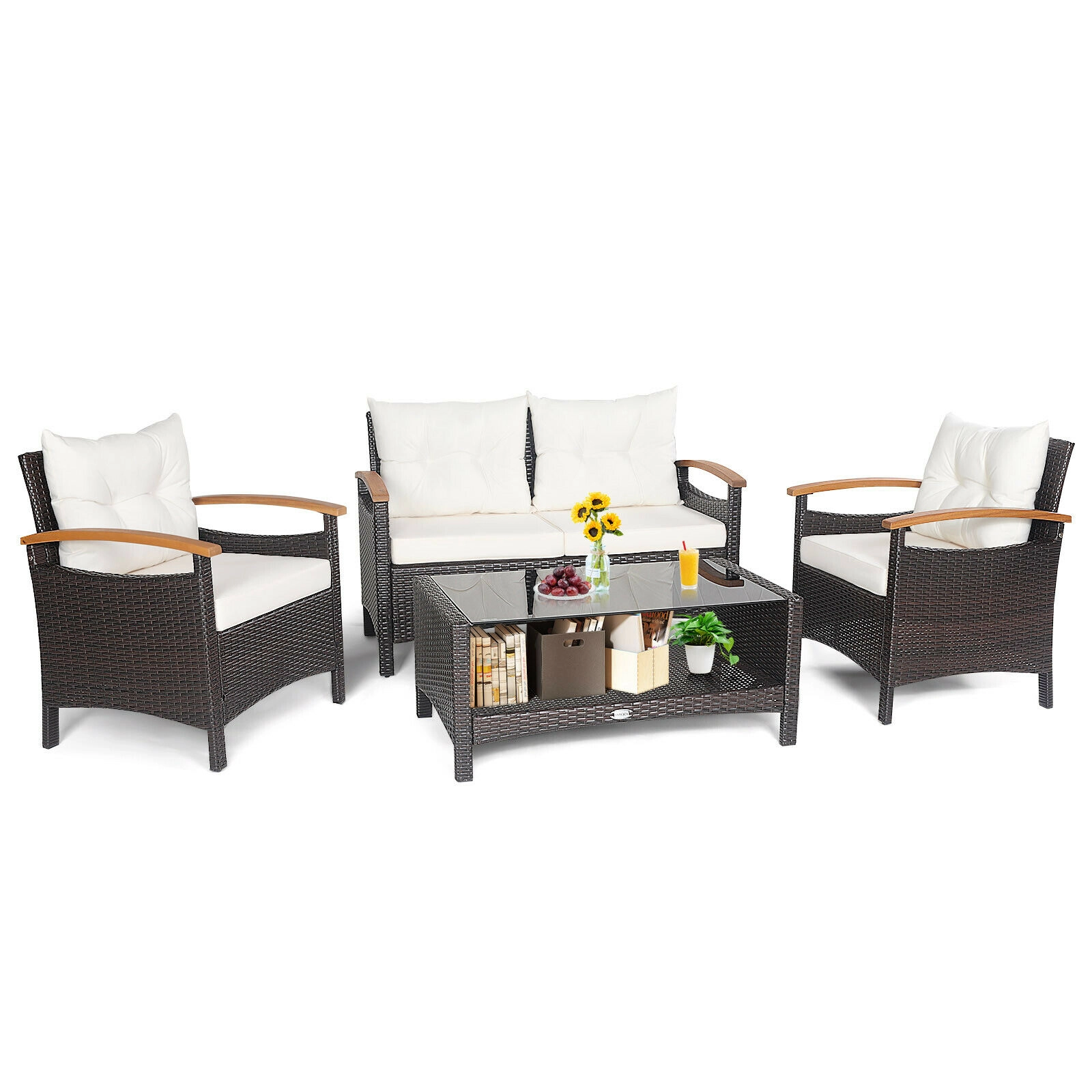 LJG 4 Pieces Patio Rattan Furniture Set with Cushioned Sofa and Storage Table