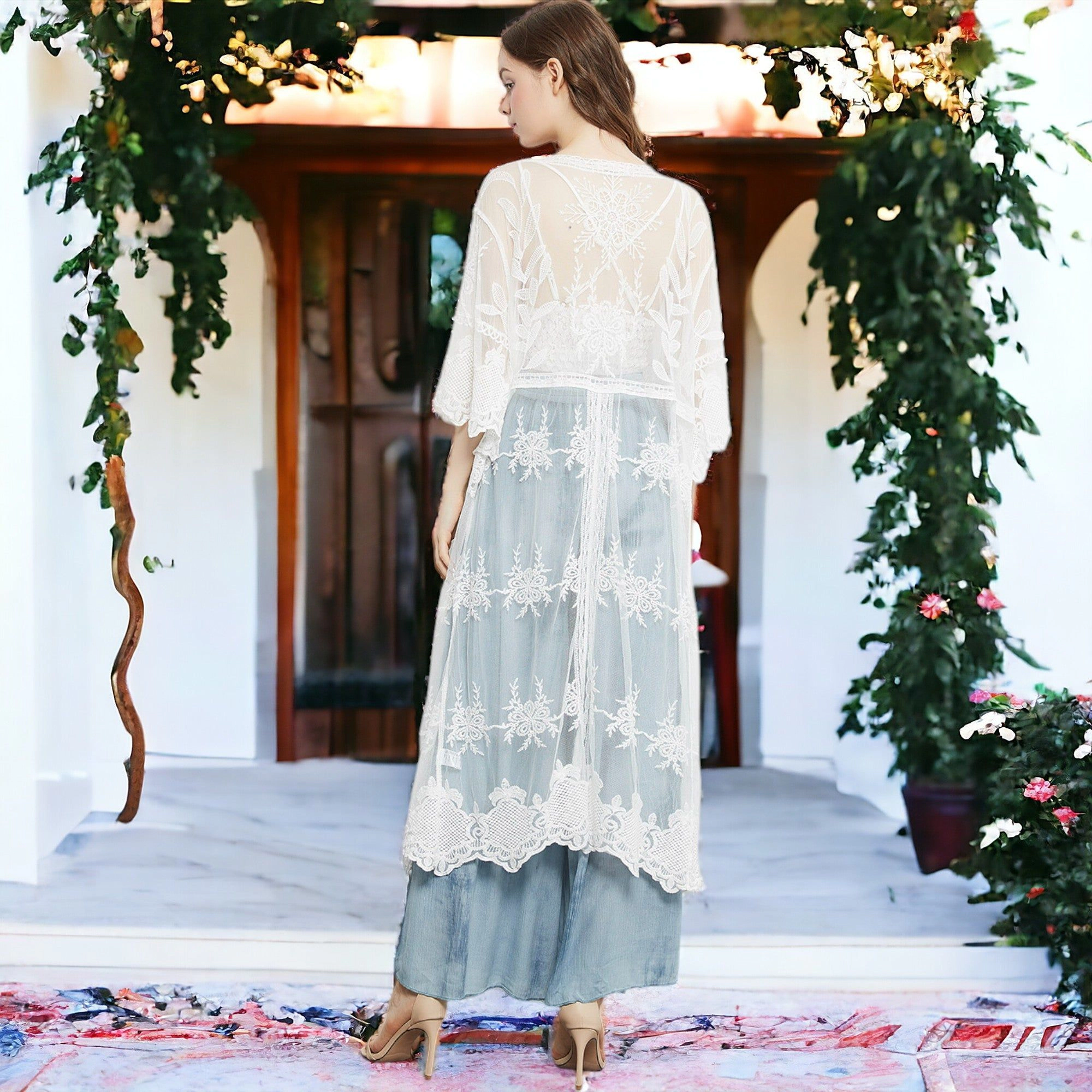 Anna-Kaci Women's Long Floral Lace Embroidered Crochet Duster