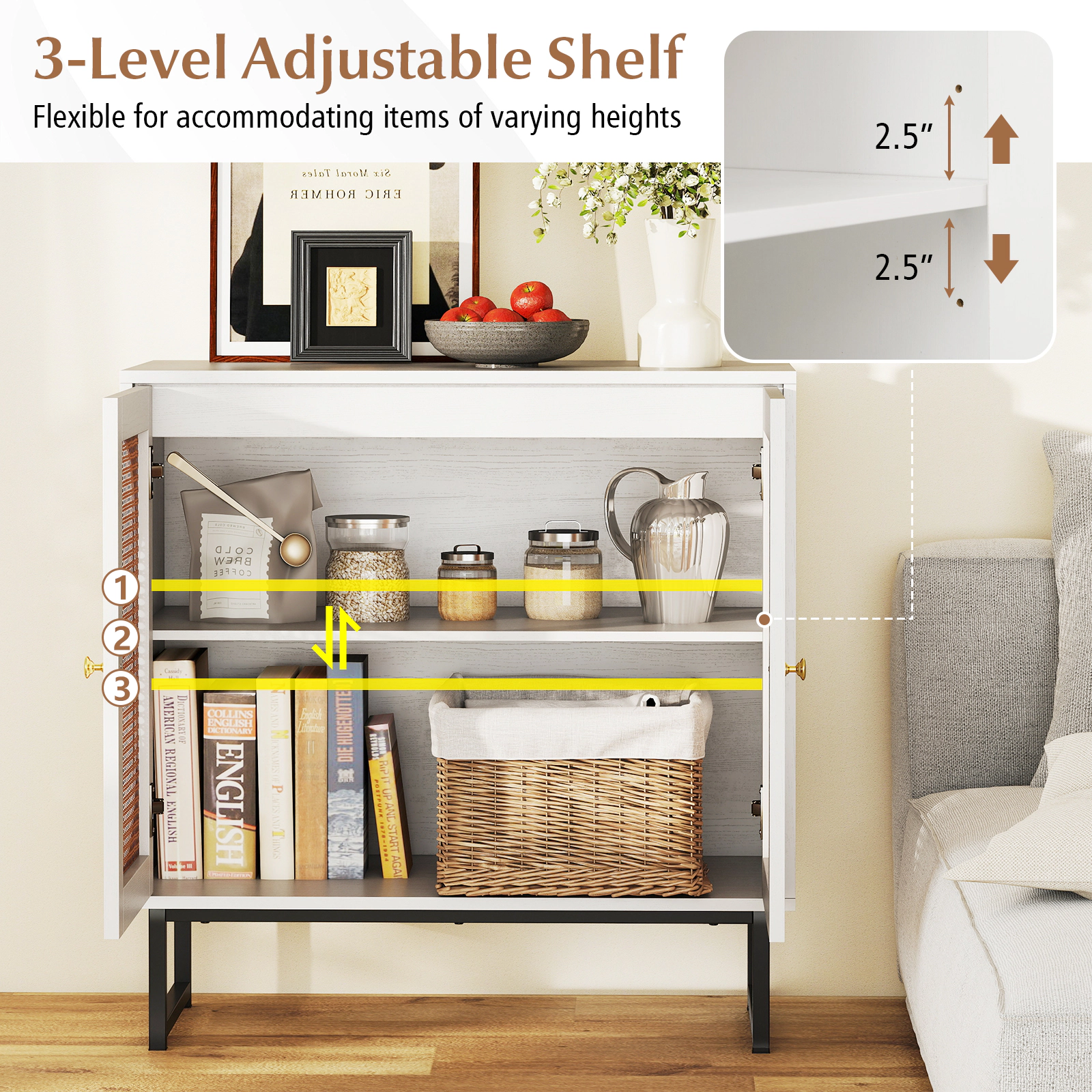 SUGIFT Rattan 2-Door Buffet Sideboard Cabinet with Adjustable Shelf 66-lb Top Capacity Natural/White
