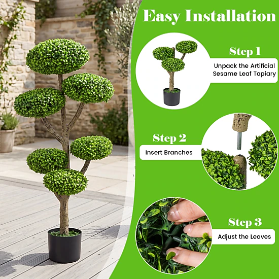 SlickBlue Artificial 3 Ball Topiary Tree Potted Faux Plant for Home Office Patio Decor